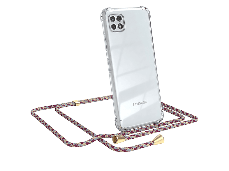 EAZY CASE Clear Cover mit Umhängeband, Umhängetasche, Samsung, Galaxy A22 5G, Rot Beige Camouflage / Clips Gold