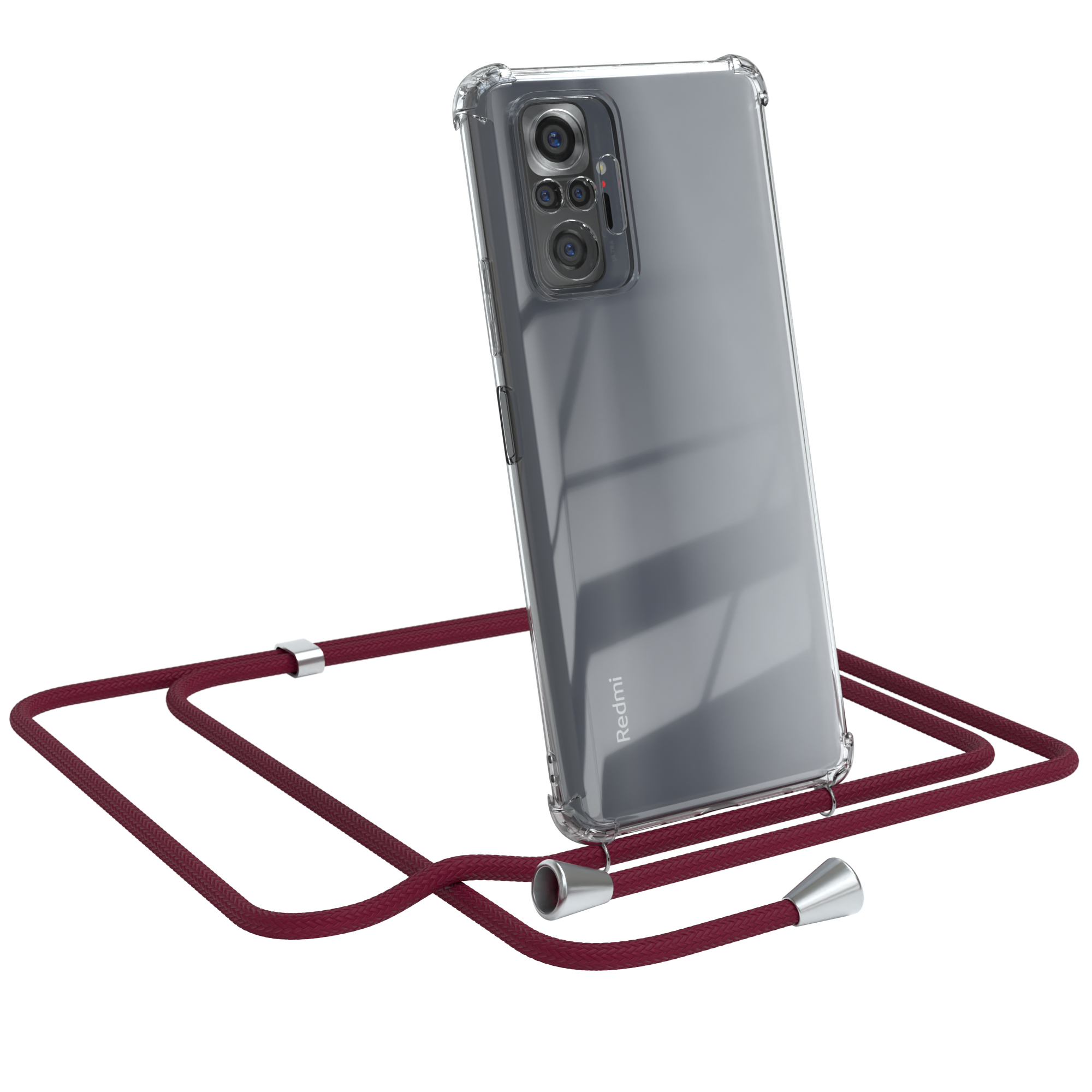 Clips 10 Xiaomi, mit Cover / CASE EAZY Bordeaux Pro, Note Rot Umhängeband, Redmi Silber Umhängetasche, Clear