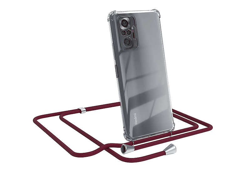 EAZY CASE Clear Cover mit Umhängeband, Umhängetasche, Xiaomi, Redmi Note 10 Pro, Bordeaux Rot / Clips Silber