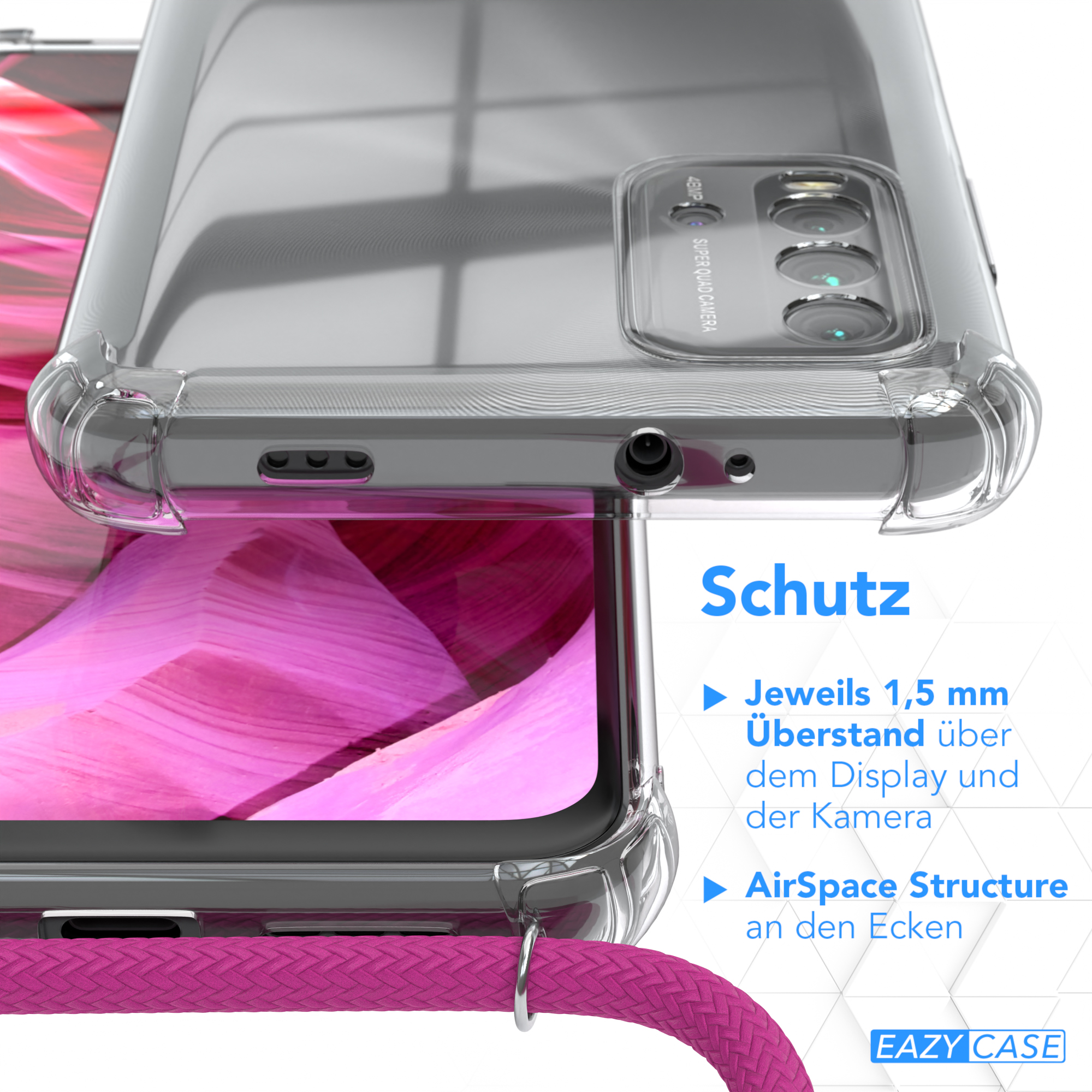 Nahaufnahme einer Handyhülle. Text beschreibt Schutzfunktionen: erhöhte Kanten und Struktur.