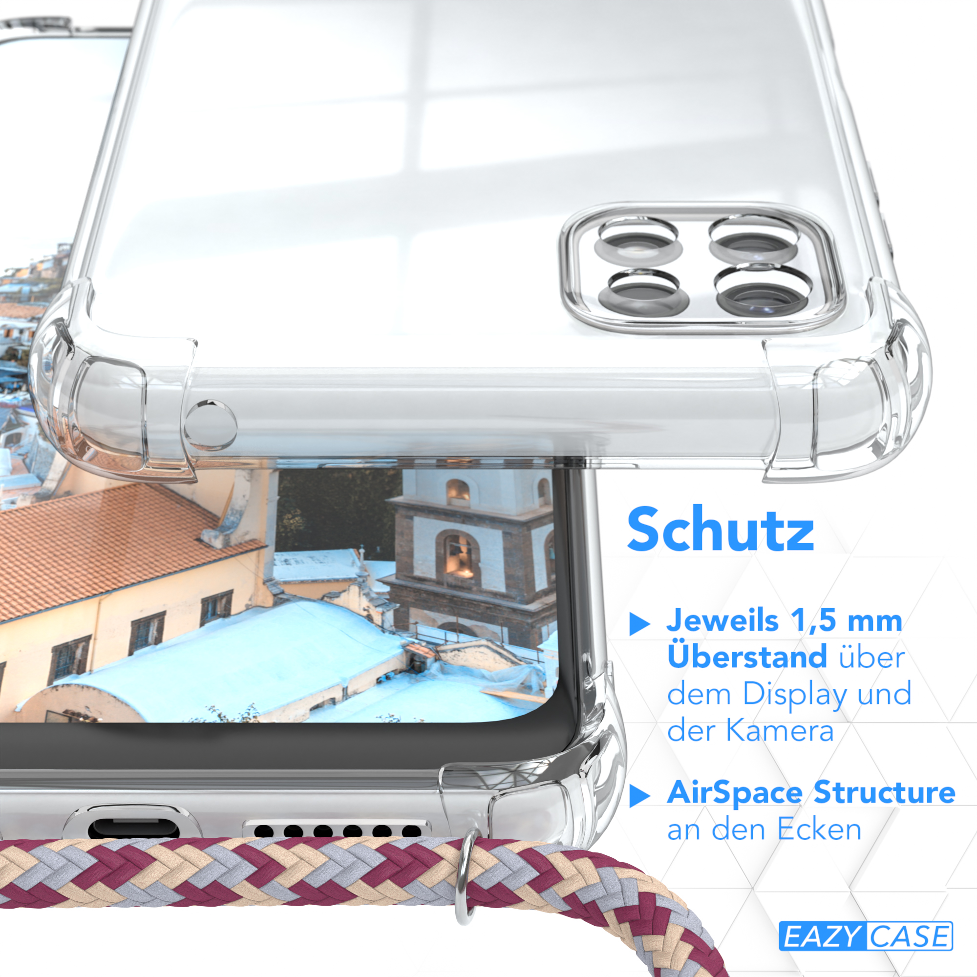 Transparente Handyhülle, Gebäude im Hintergrund, bunter Gurt. Text: Schutz, AirSpace Structure, 1,5 mm Überstand.
