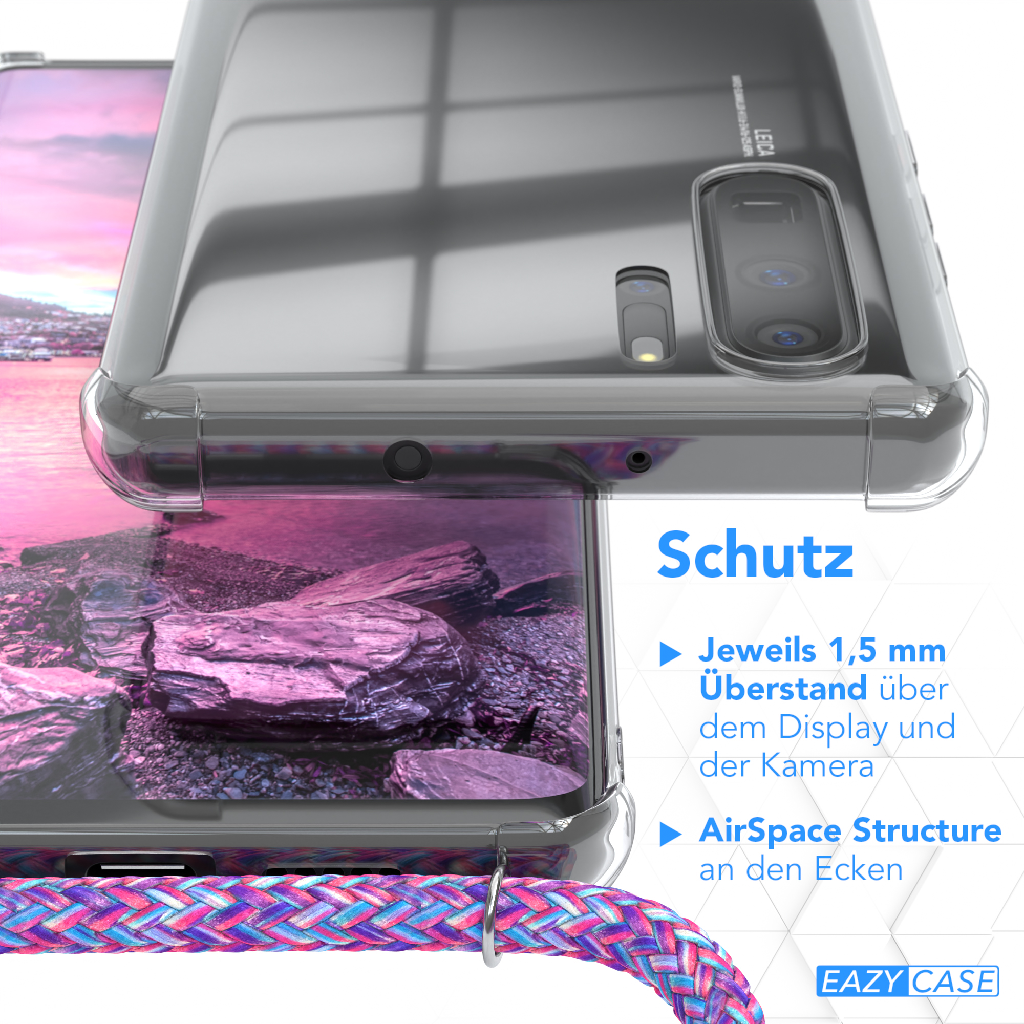 Transparente Handyhülle auf einem Telefon. Details der Hülle sind abgebildet, mit dem Wort Schutz und Text.