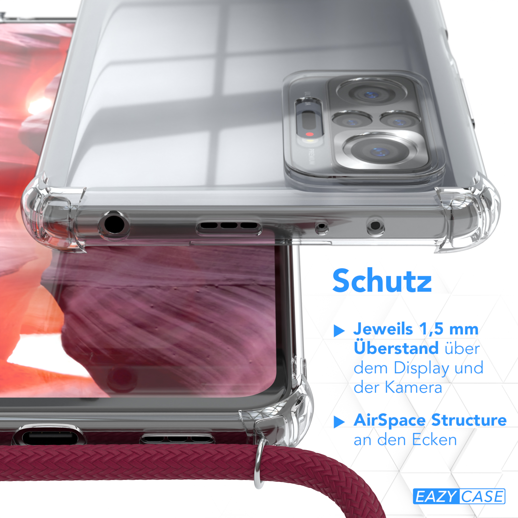 EAZY CASE Clear Cover Note mit Redmi Bordeaux 10 Umhängeband, Rot Clips Pro, Silber / Xiaomi, Umhängetasche