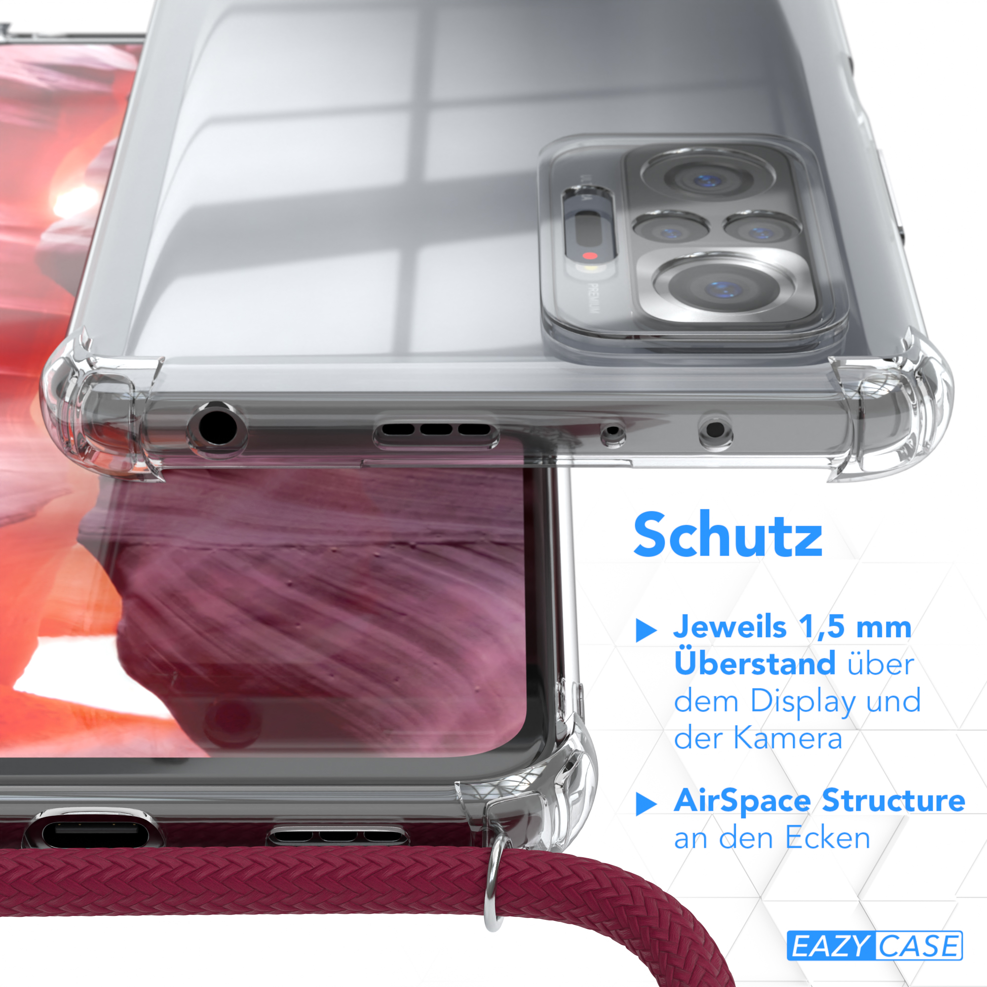 Eine transparente Handyhülle mit rotem Lanyard. Sie zeigt den Eckenschutz. Text auf Deutsch ist sichtbar.