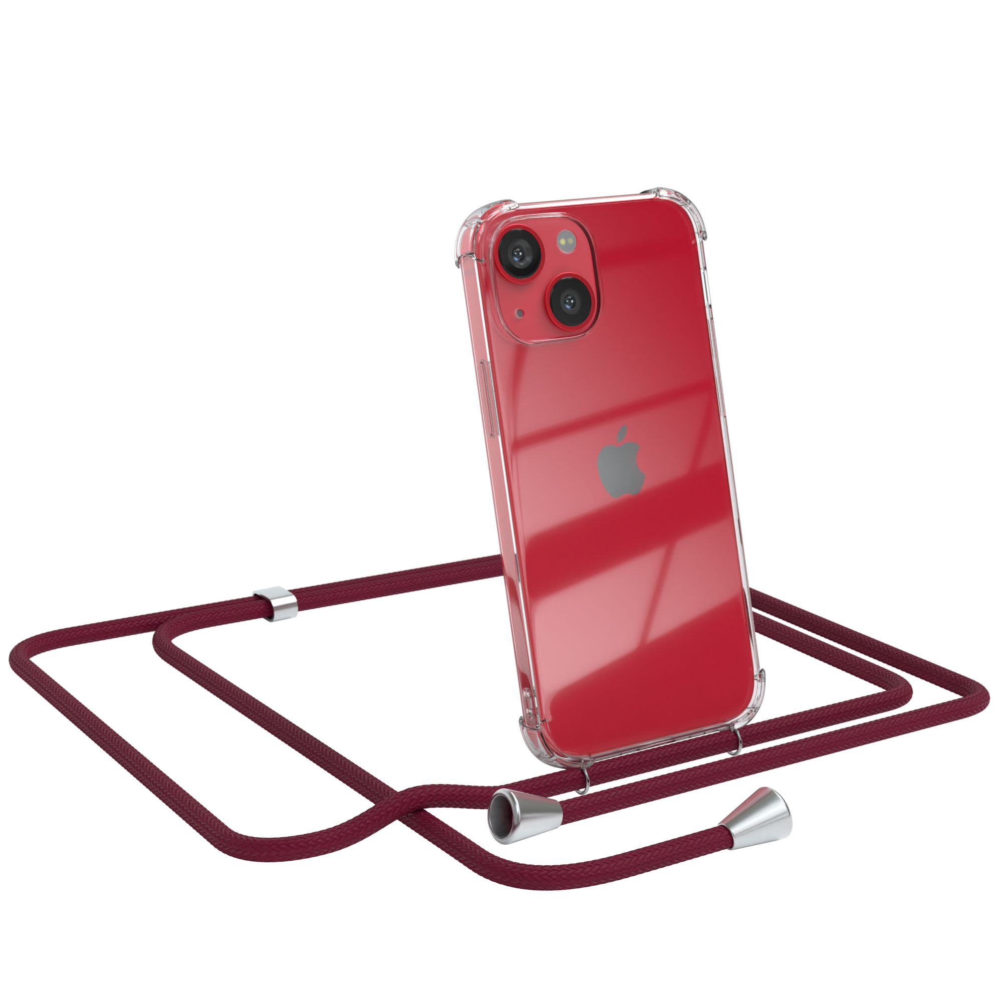 Telefon in transparenter Hülle mit rotem Band. Das Telefon ist ein iPhone.