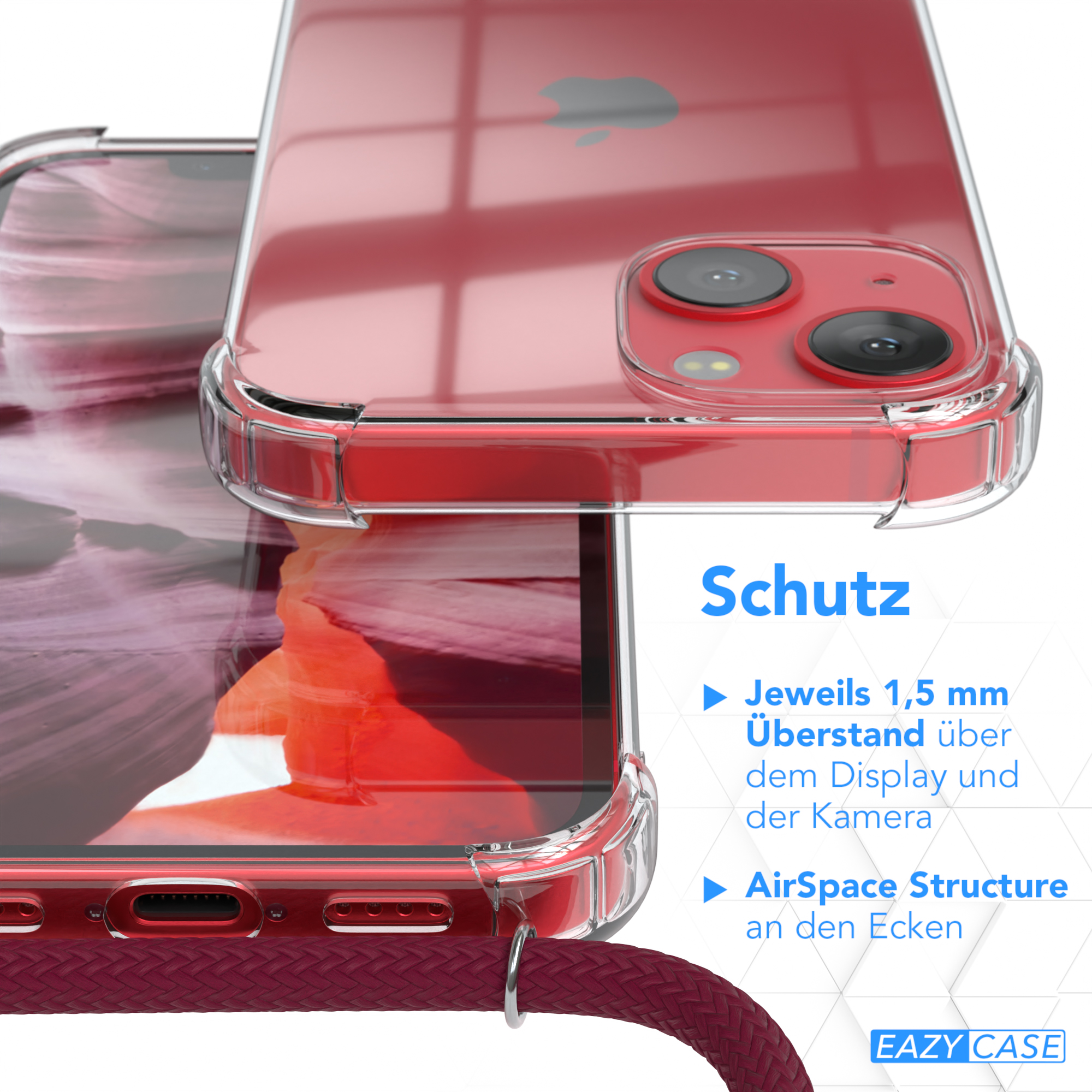 EAZY CASE / Mini, iPhone 13 Silber mit Clear Apple, Rot Umhängeband, Umhängetasche, Clips Bordeaux Cover