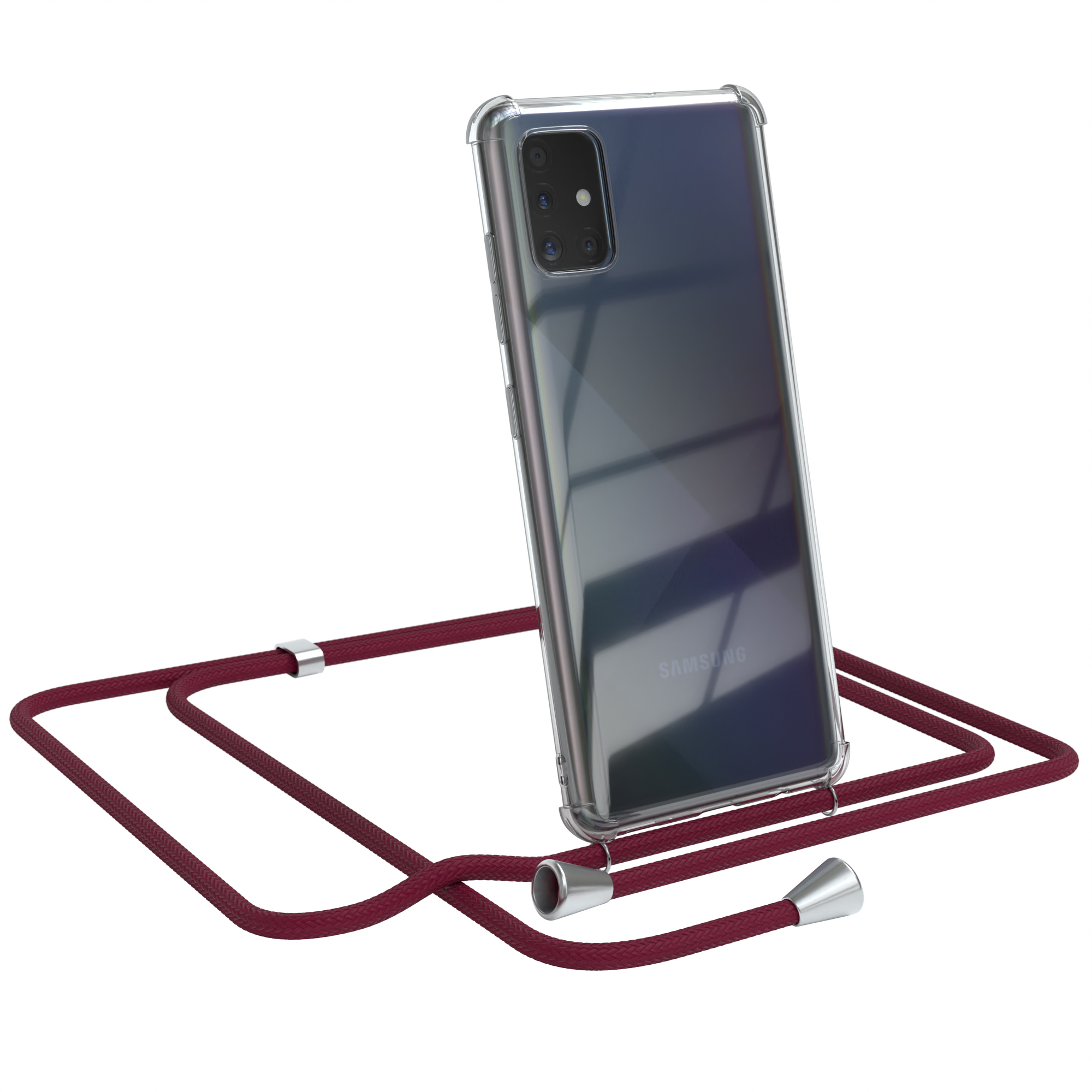 Transparente Handyhülle mit weinrotem Lanyard und Samsung-Telefon.