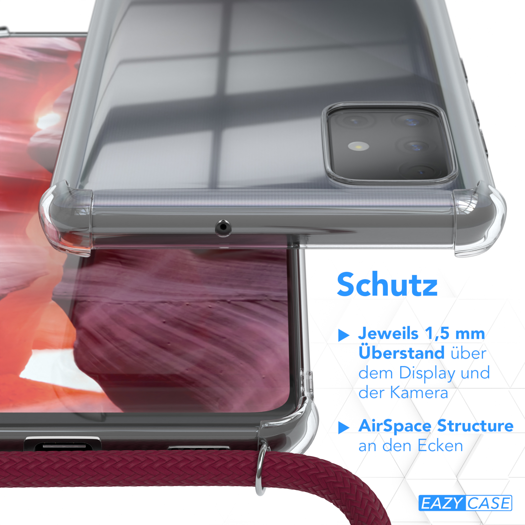 Eine transparente Handyhülle auf einem Telefon, mit einem Fluss im Hintergrund.