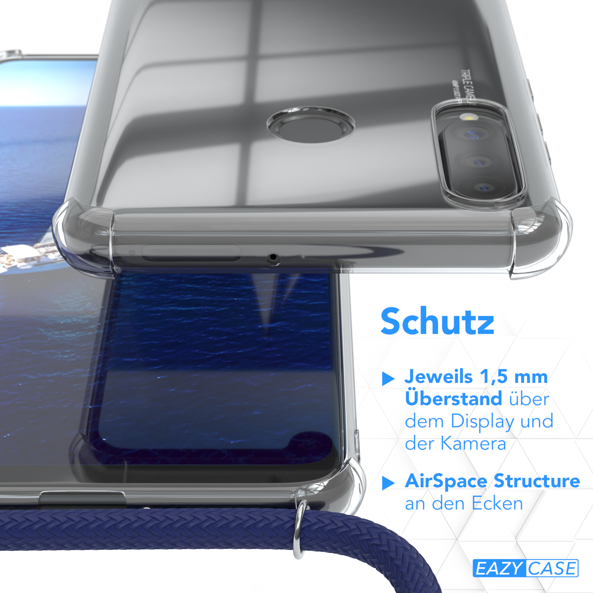 Detail der Handyhülle. Telefon und Hülle mit blauem Band. Gezeigte Merkmale sind Schutz.