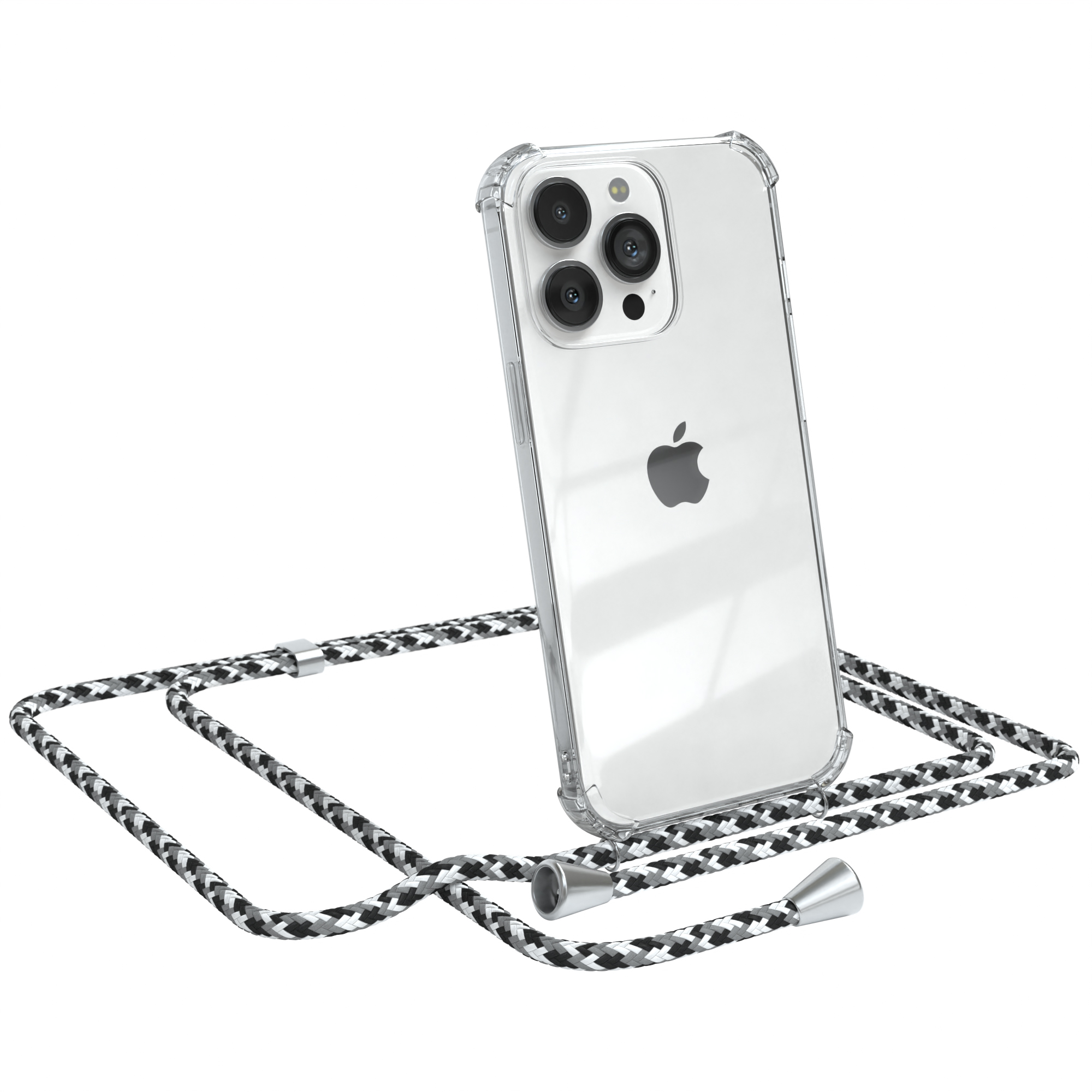 Transparente Handyhülle mit schwarz-weißem Kordel. Apple-Logo sichtbar. Weißer Hintergrund.