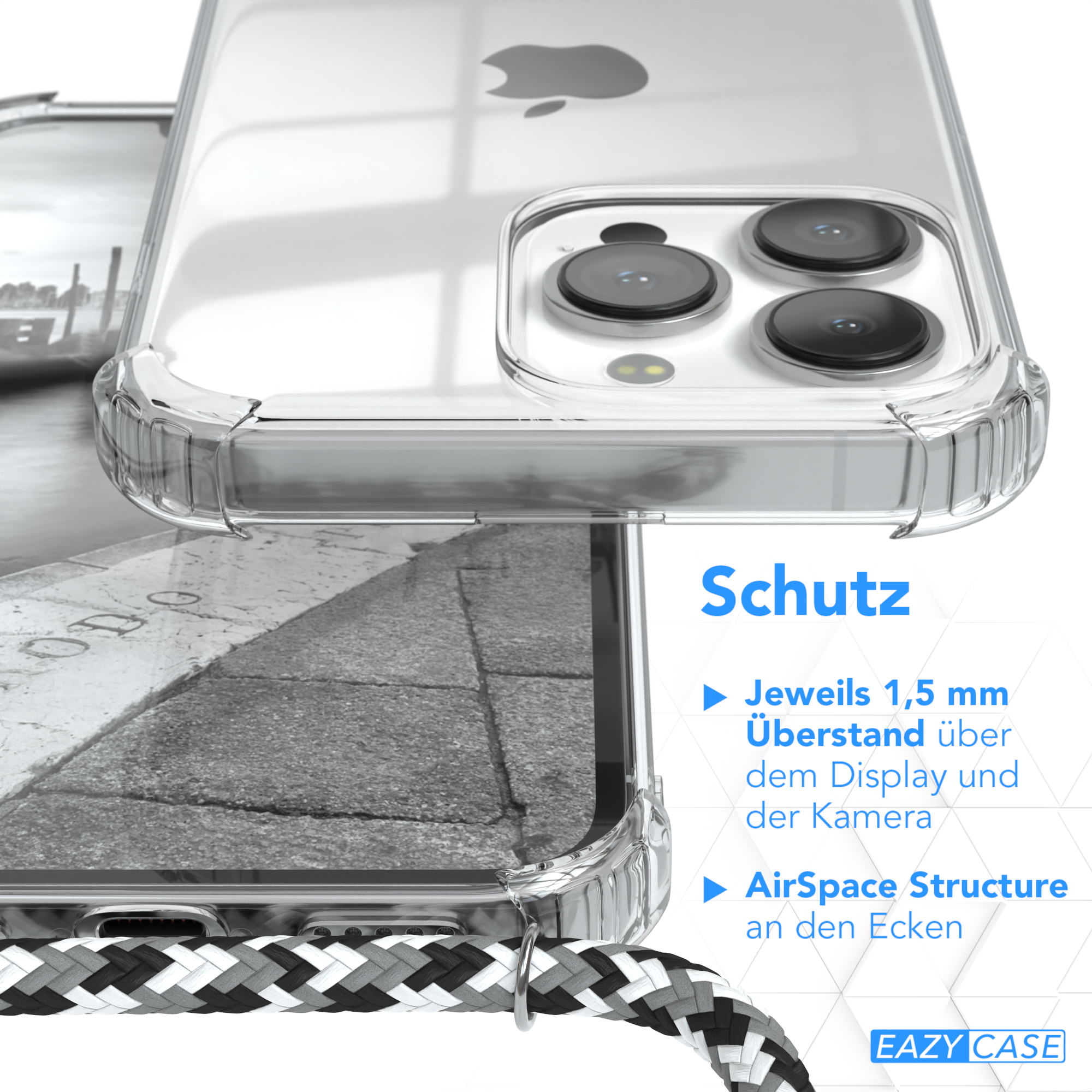 Nahaufnahme einer Handyhülle mit Details zum Schutz und einem schwarz-weißen Riemen.