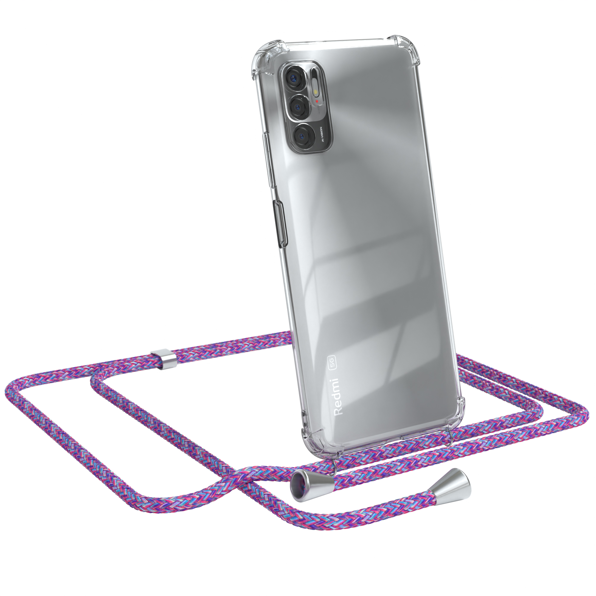 Transparente Handyhülle mit lila Umhängeband. Redmi-Logo sichtbar. Weißer Hintergrund.