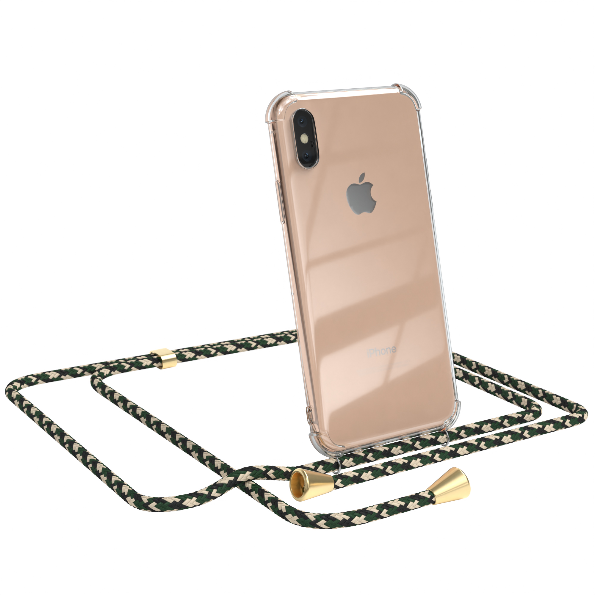 iPhone in klarer Hülle mit grün/schwarzem Kabel. Telefon abgewinkelt. Weißer Hintergrund.