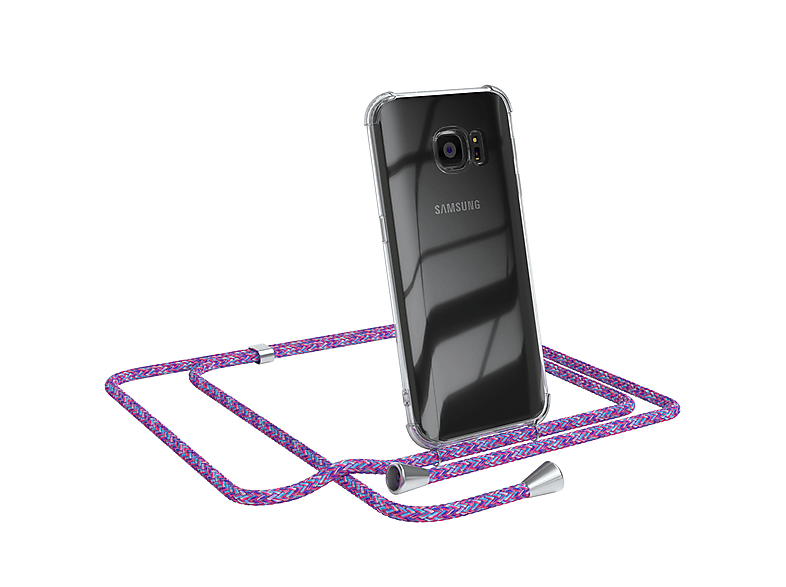 EAZY CASE Clear Cover mit Umhängeband, Umhängetasche, Samsung, Galaxy S7, Lila / Clips Silber