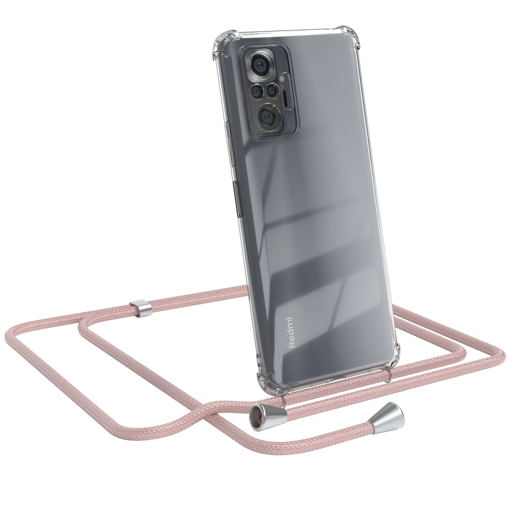Redmi-Telefon mit transparenter Hülle und rosa Umhängeband. Telefon ist silber.