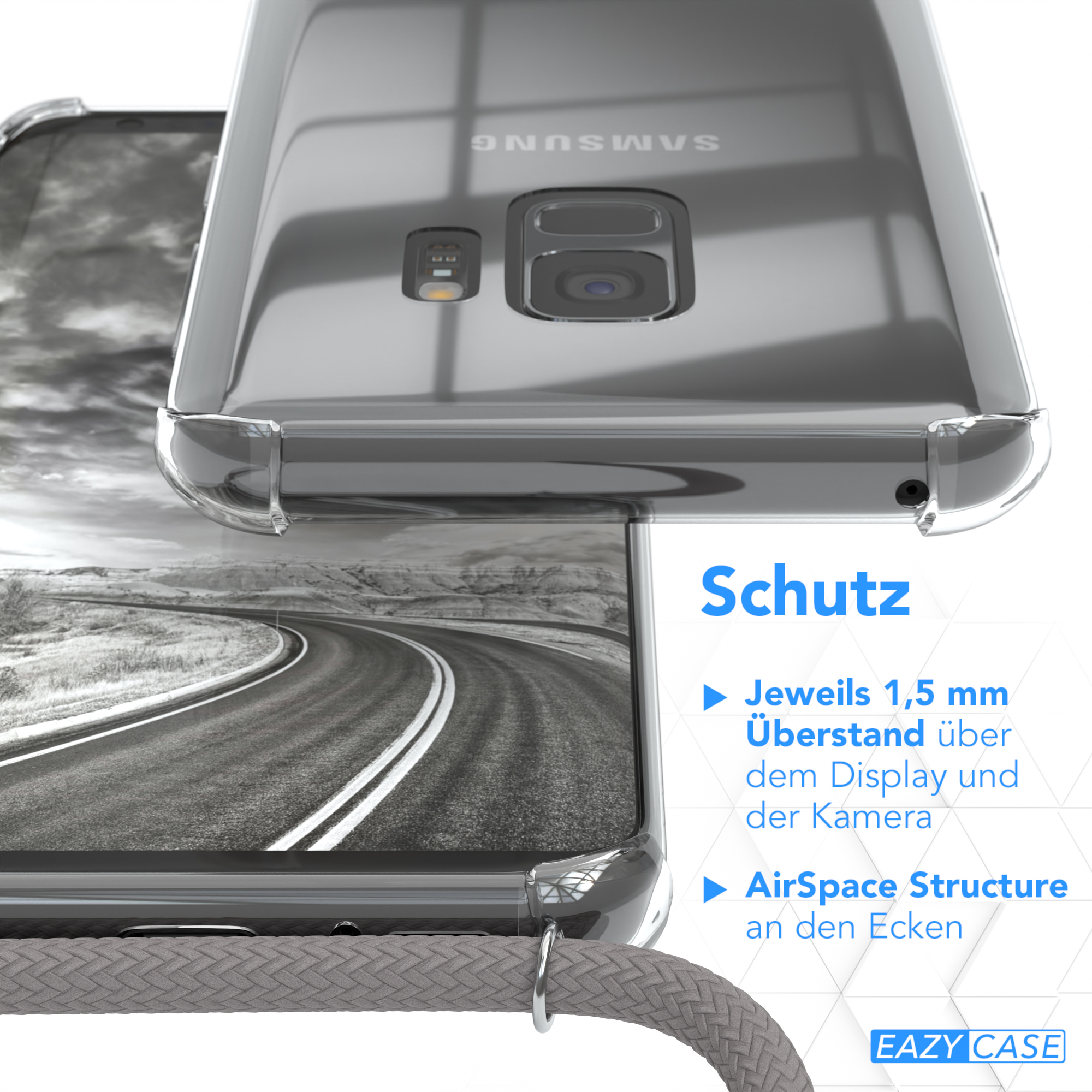 Nahaufnahme einer durchsichtigen Handyhülle. Das Gehäuse schützt das Telefon. Das Gehäuse schützt die Kamera.