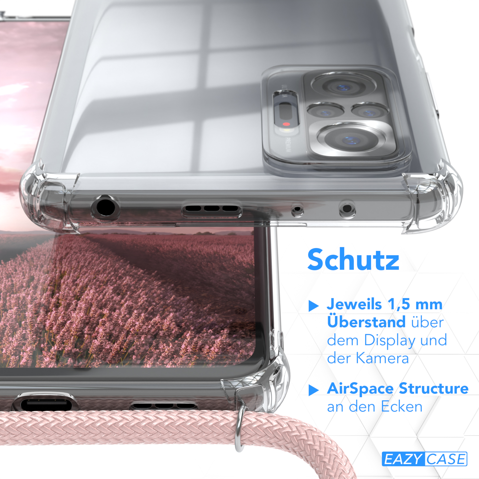 Transparente Handyhülle über einem Telefon. Der Hintergrund hat ein rosa Blumenfeld. Text: Schutz, AirSpace.