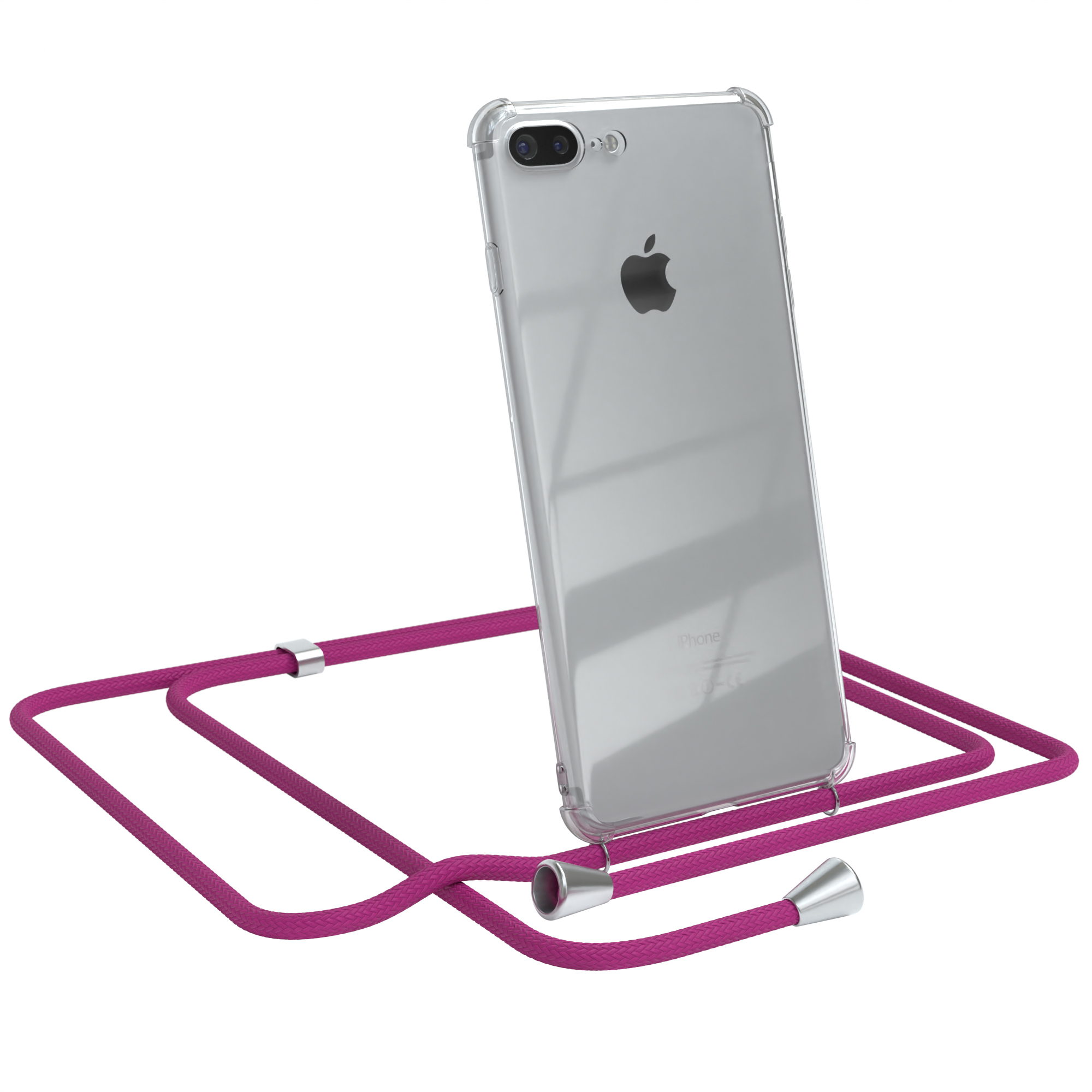 Ein iPhone in einer durchsichtigen Hülle mit einem pinkfarbenen Umhängeband. Das Telefon ist abgewinkelt.