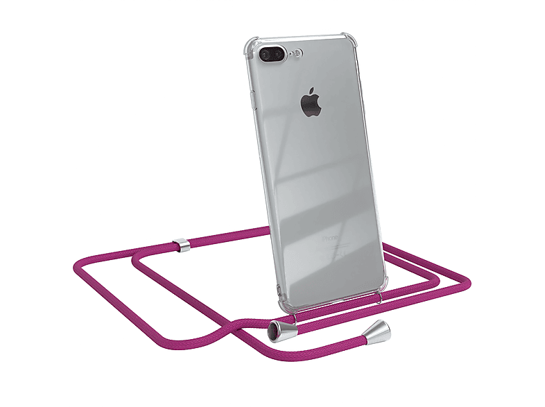 EAZY CASE Clear Cover mit Umhängeband, Umhängetasche, Apple, iPhone 8 Plus / 7 Plus, Pink / Clips Silber | Handyketten