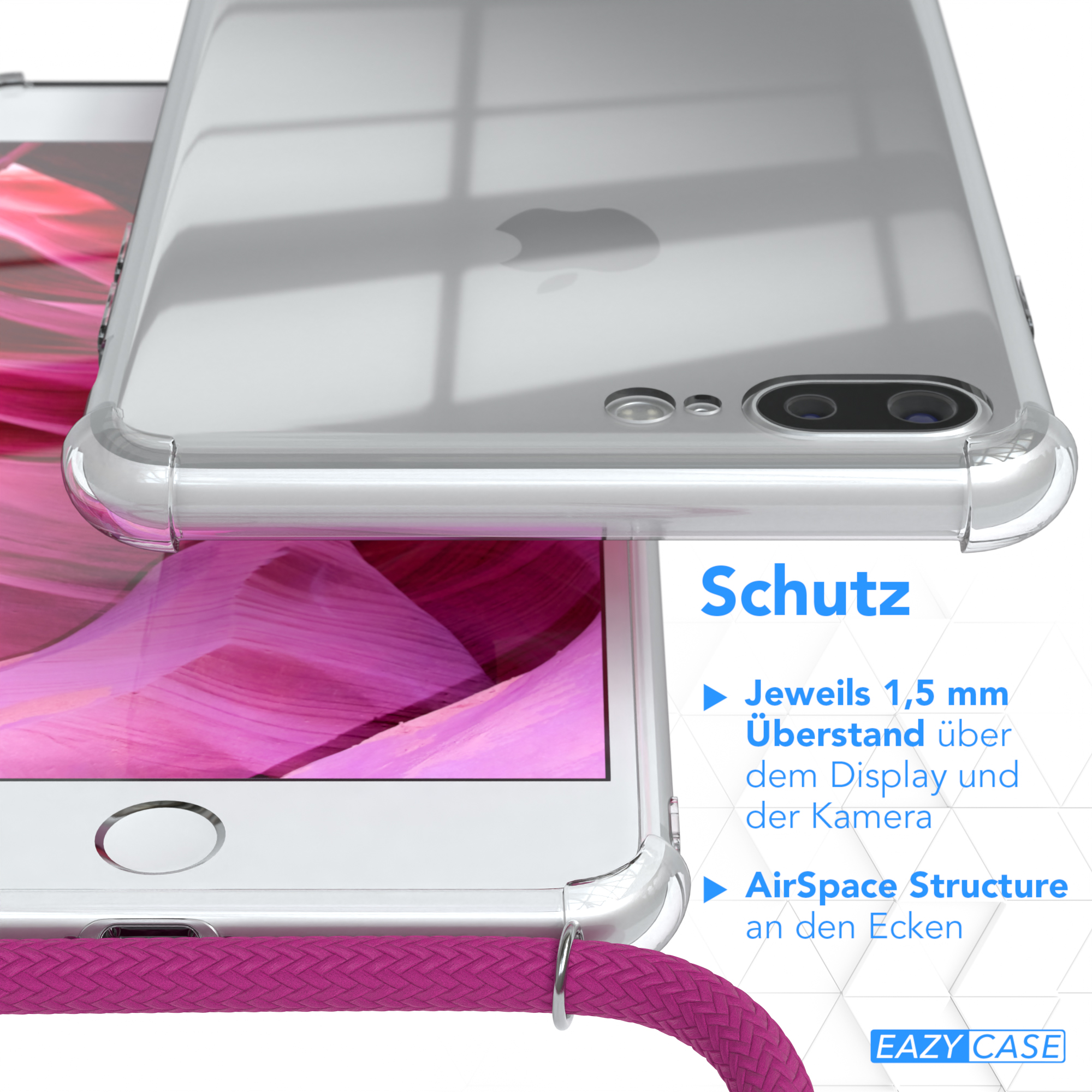 EAZY CASE Plus, Umhängeband, Cover / Apple, 7 iPhone Umhängetasche, Silber / mit Pink Clips 8 Plus Clear