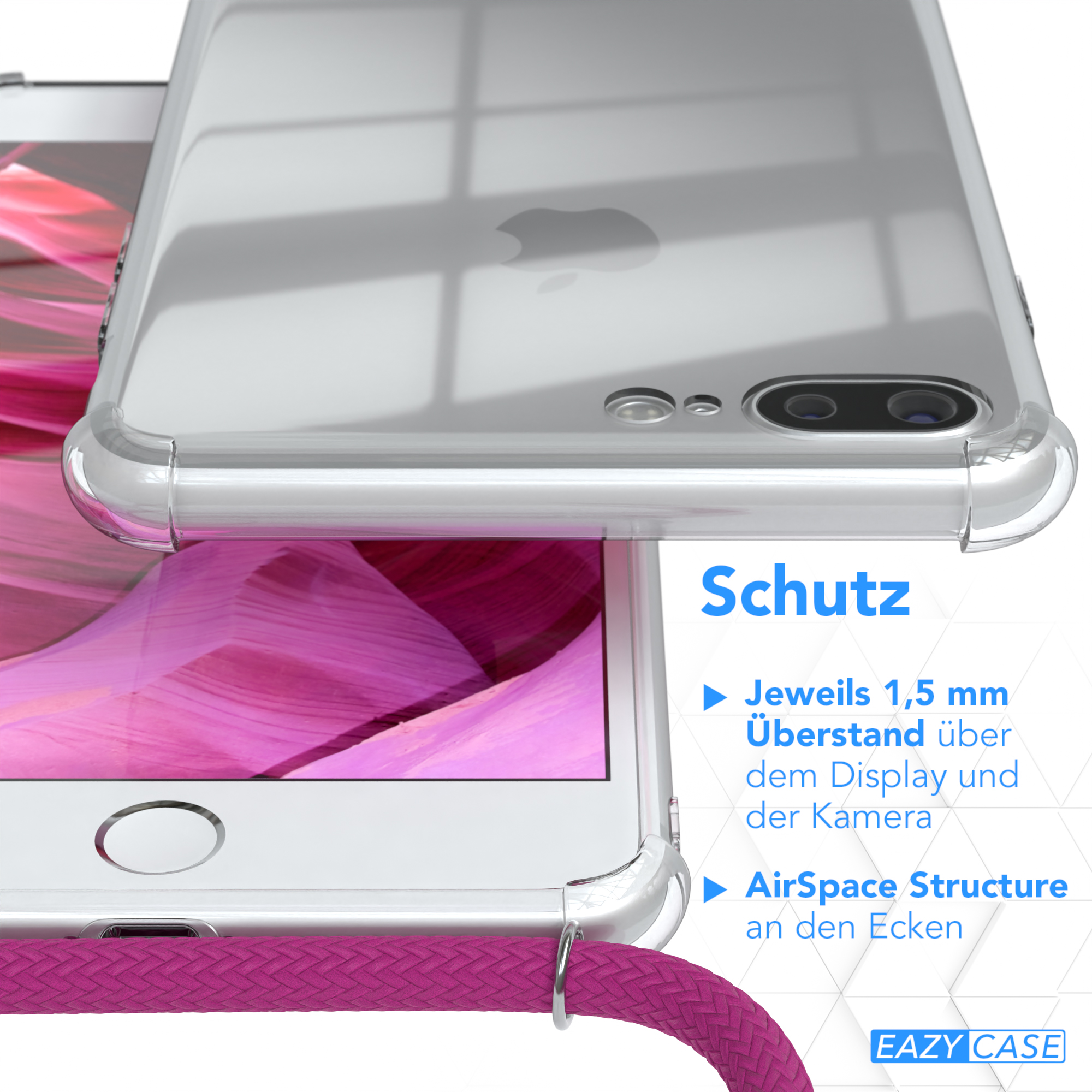 Transparente Handyhülle auf einem Telefon. Text hebt Schutzfunktionen wie erhöhte Kanten und Eckenschutz hervor.