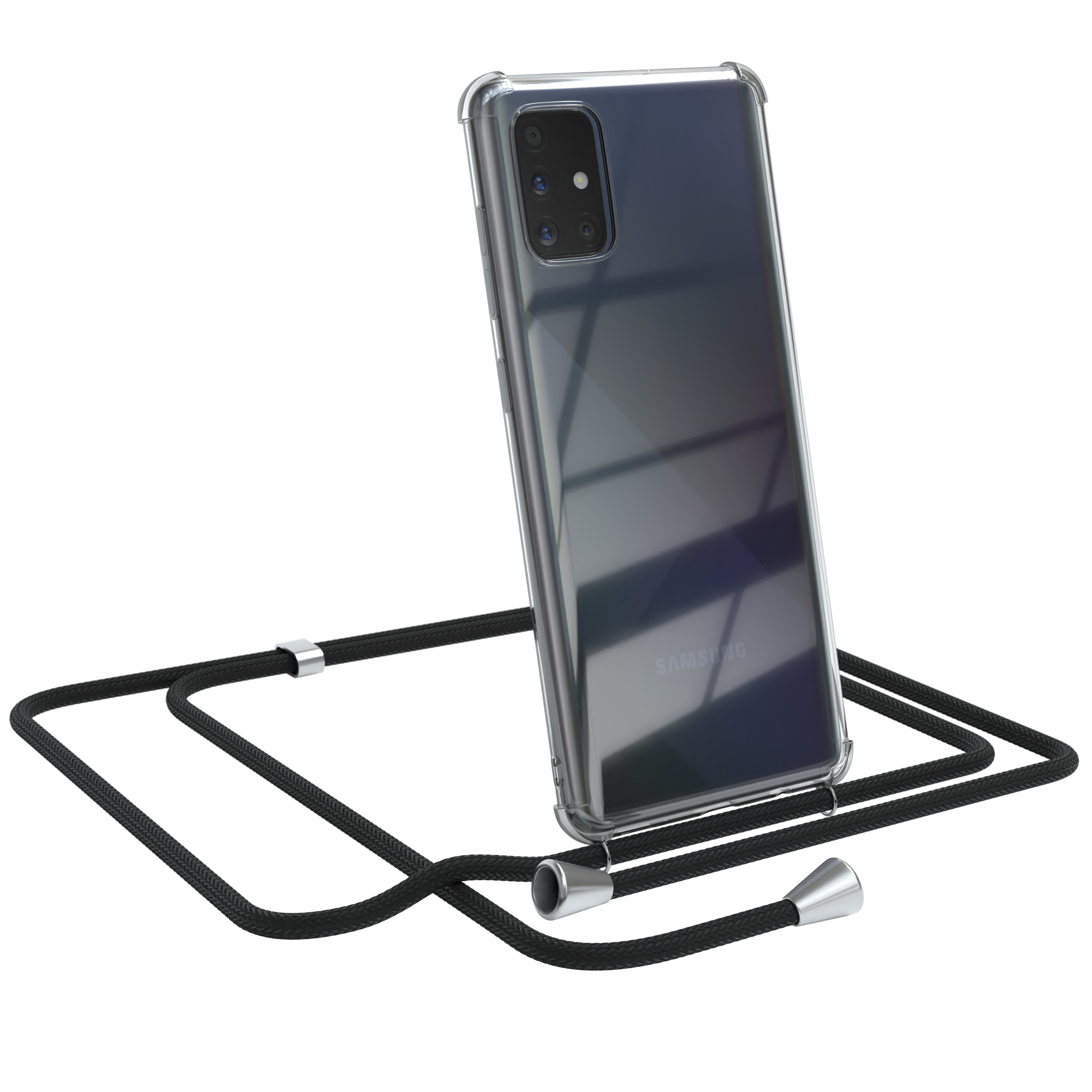 Transparente Handyhülle mit schwarzer Kordel. Das Telefon hat ein Samsung-Logo.