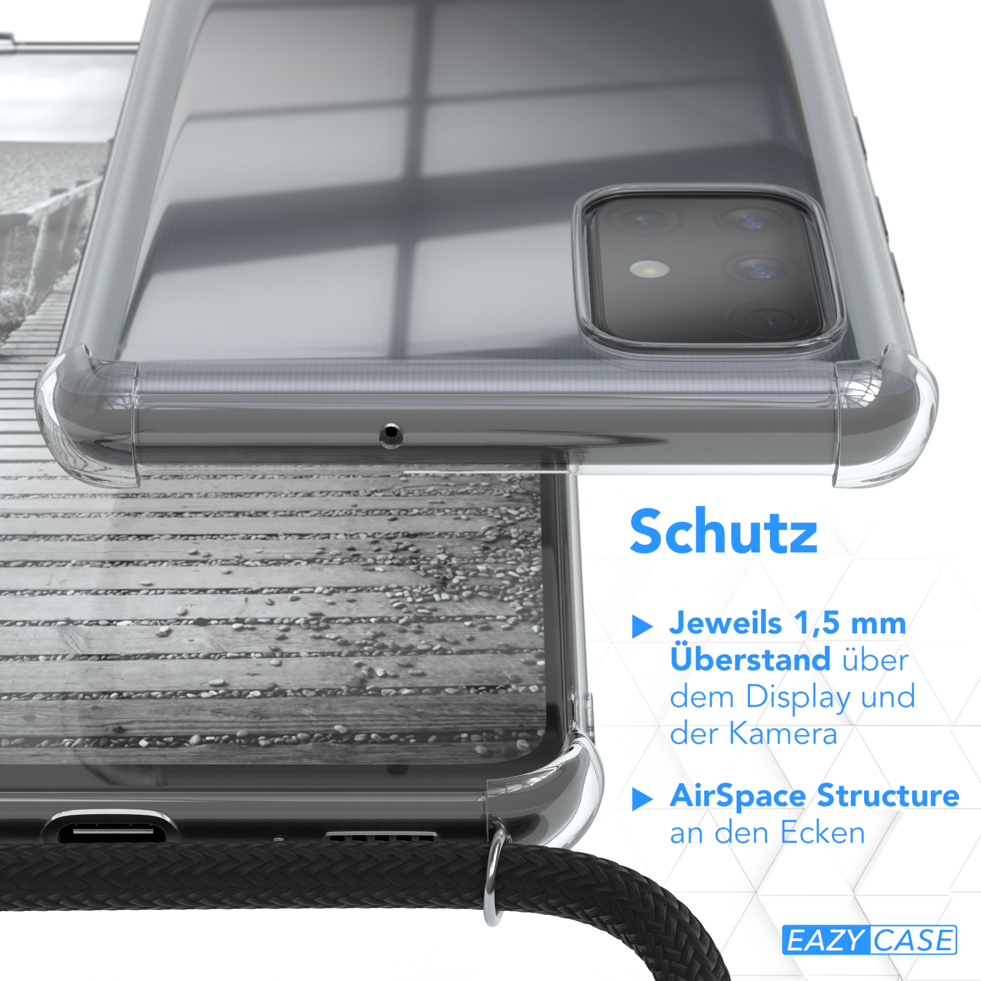 Nahaufnahme einer Handyhülle mit schwarzem Lanyard. Schwarzes Kabel sichtbar.