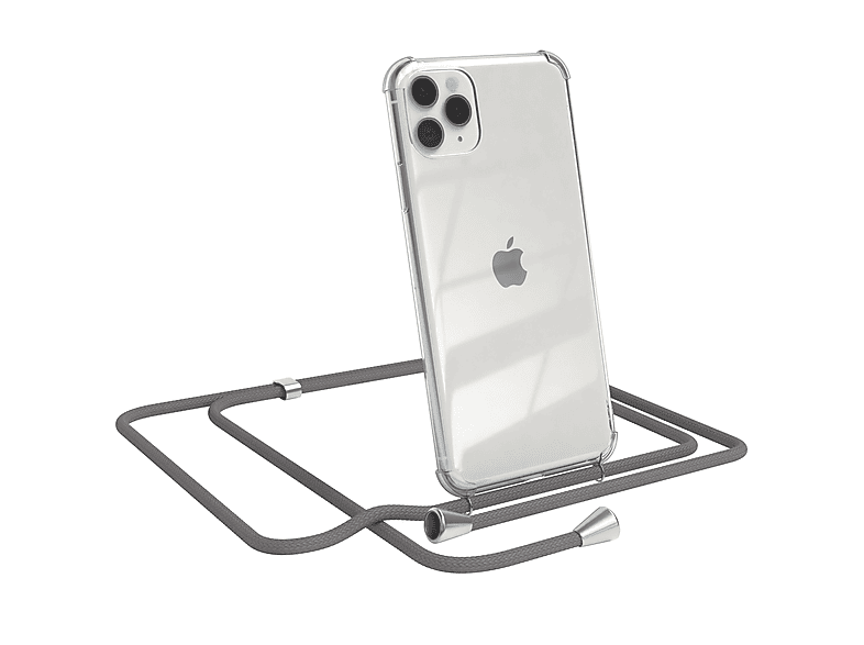 EAZY CASE Clear Cover mit Umhängeband, Umhängetasche, Apple, iPhone 11 Pro Max, Grau / Clips Silber