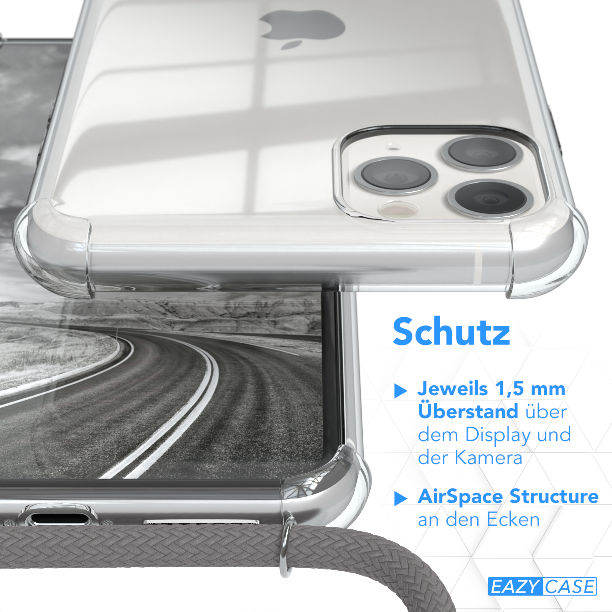 Silber Clips / Umhängetasche, EAZY Grau CASE 11 mit Max, Apple, iPhone Pro Umhängeband, Clear Cover