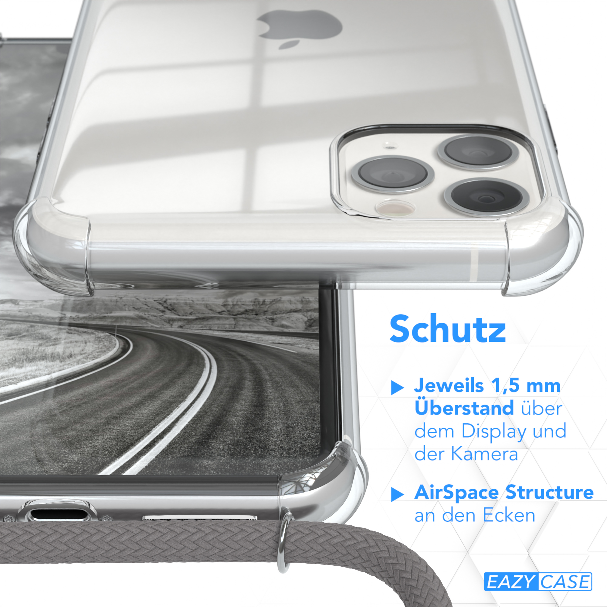 Nahaufnahme eines Telefons in einer transparenten Hülle. Schutzmerkmale sind blau hervorgehoben.