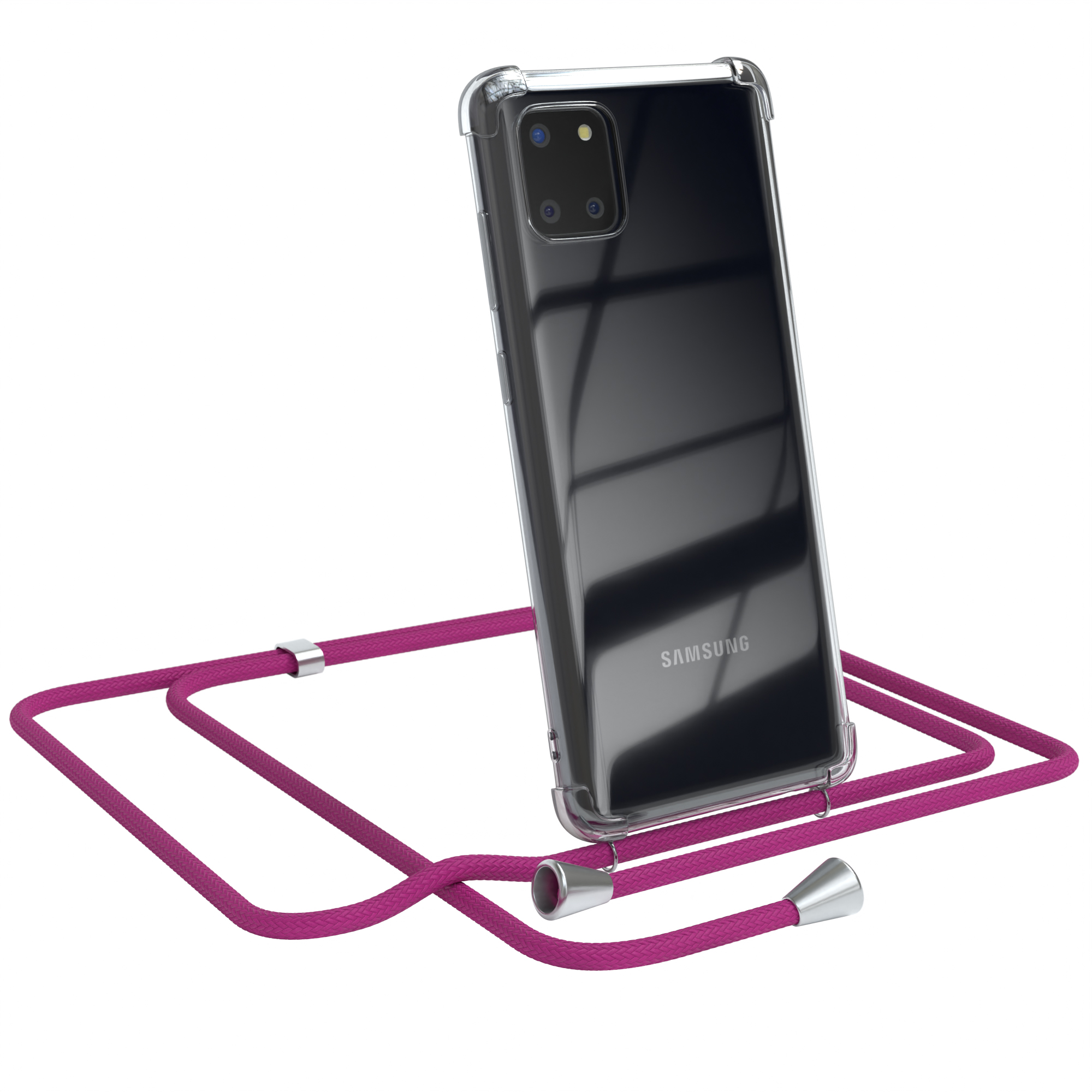 Transparente Handyhülle mit pinkfarbenem Seil und silbernen Akzenten. Samsung Telefon.