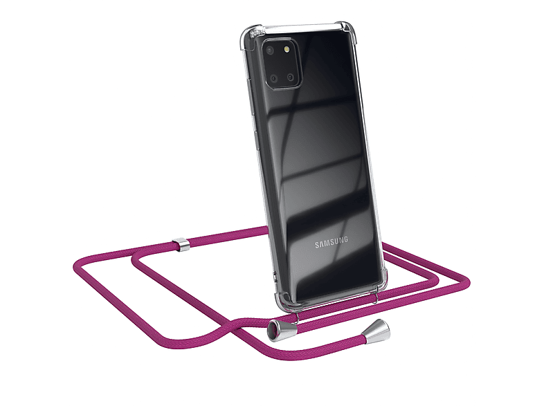 EAZY CASE Clear Cover mit Umhängeband, Umhängetasche, Samsung, Galaxy Note 10 Lite, Pink / Clips Silber