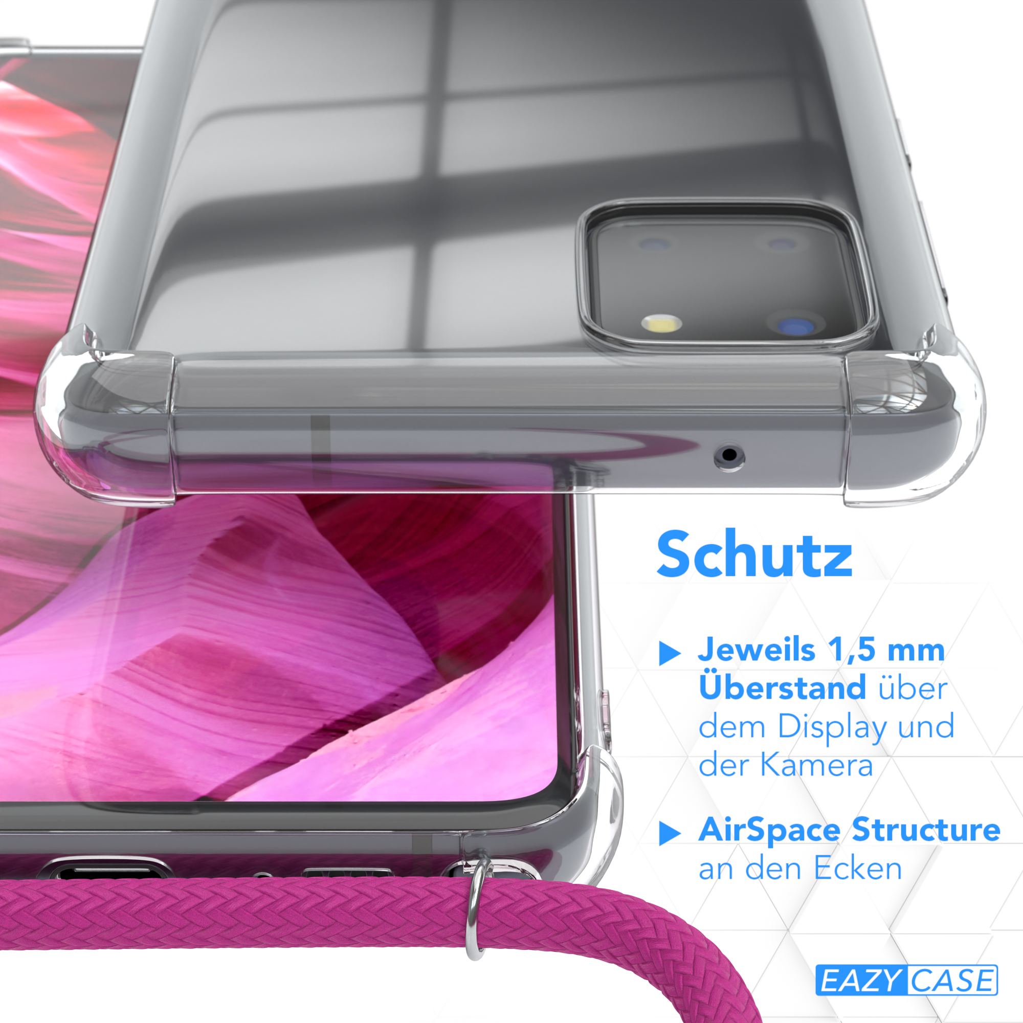 Transparente Handyhülle mit rosa Kordel. Im Hintergrund ein Lavendelfeld.