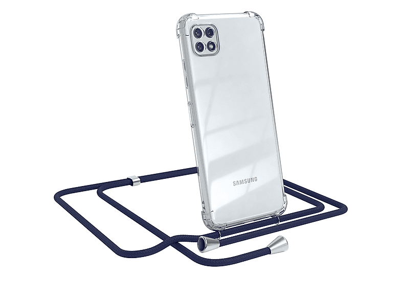 EAZY CASE Clear Cover mit Umhängeband, Umhängetasche, Samsung, Galaxy A22 5G, Blau / Clips Silber