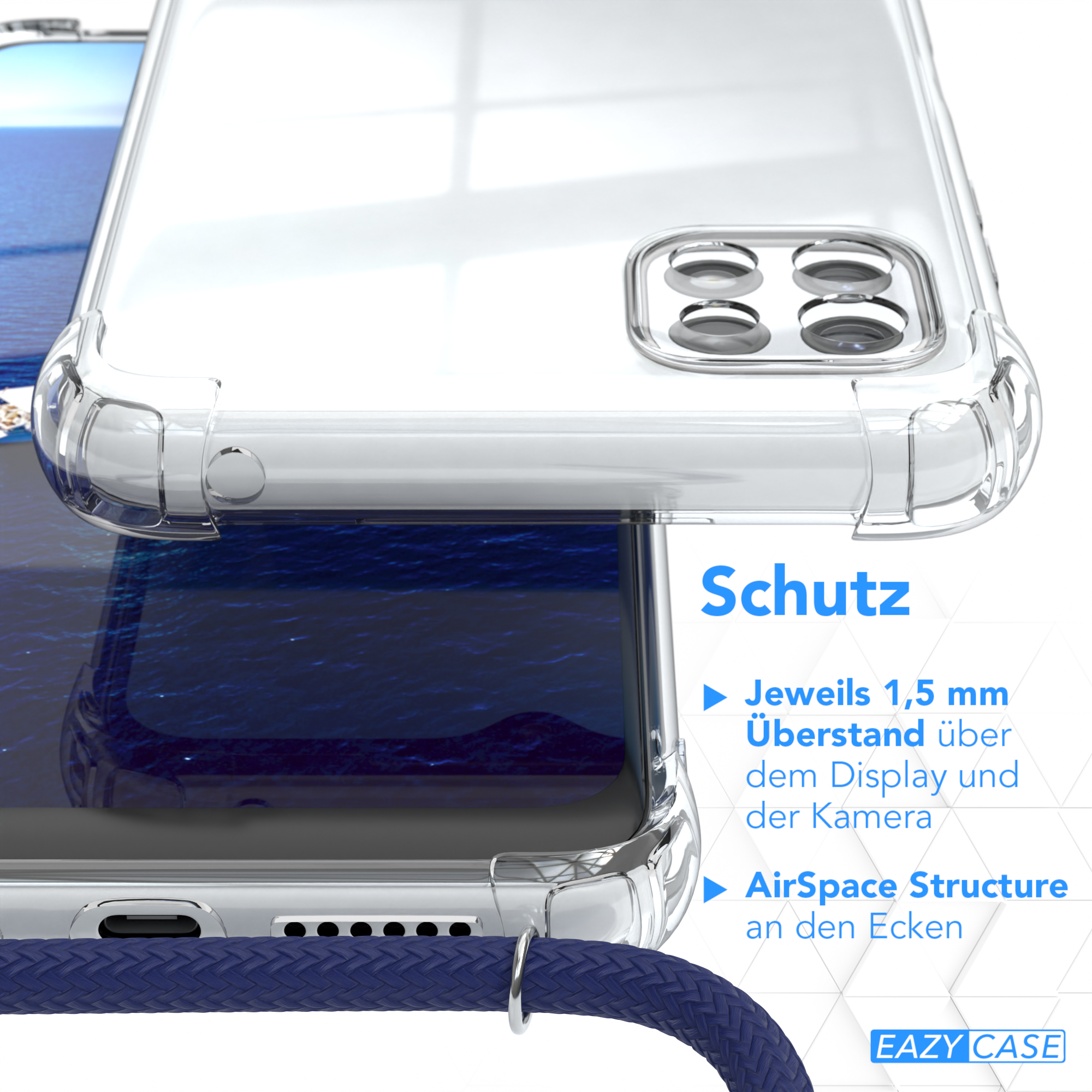 Handyhülle auf Telefon, Schutzdetails. Text: 1,5 mm über Display, AirSpace Structure an den Ecken.