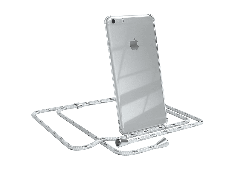EAZY CASE Clear Cover mit Umhängeband, Umhängetasche, Apple, iPhone 6 Plus / 6S Plus, Weiß / Clips Silber