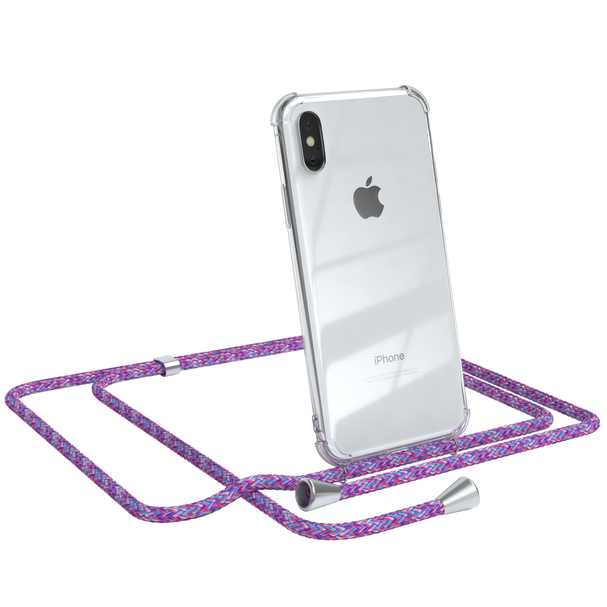 Klare Handyhülle mit lila Lanyard. Ein iPhone befindet sich in der Hülle.