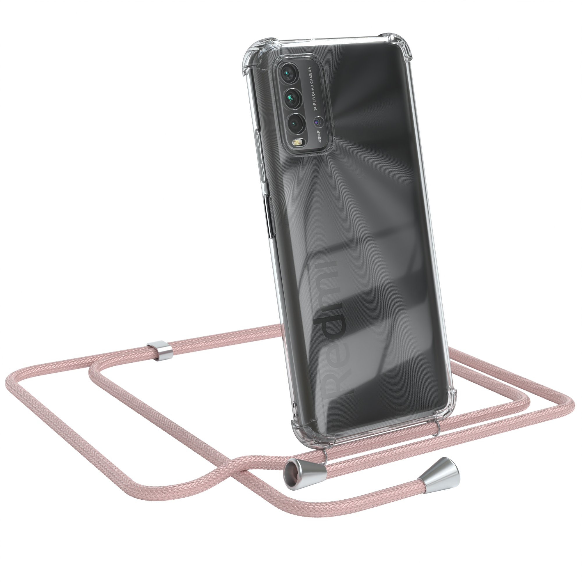 Transparente Handyhülle mit rosa Kordel. Redmi-Logo auf der Rückseite des Telefons. Telefon ist angewinkelt.