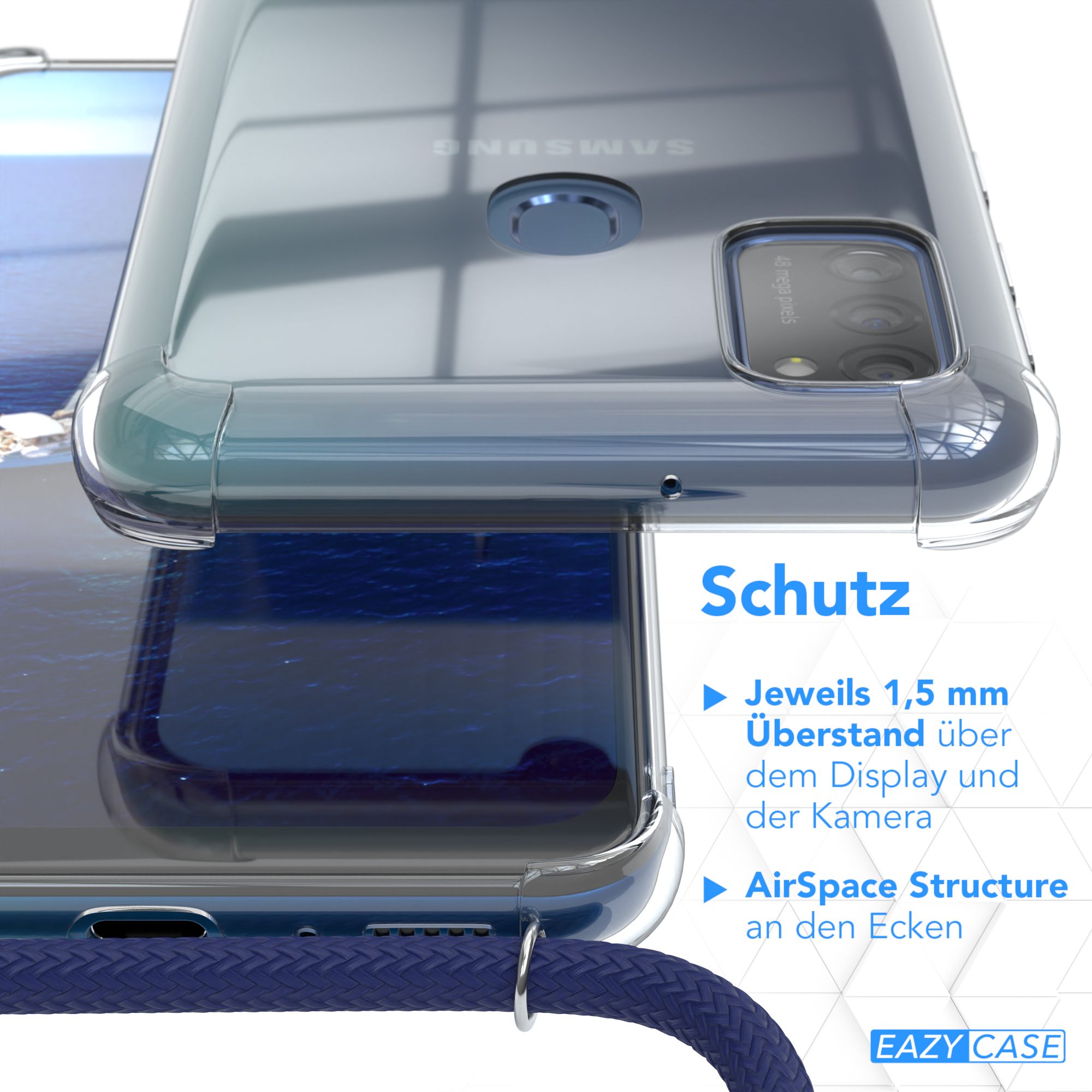 Transparente Handyhülle auf einem Telefon mit blauer Kordel. Text auf Deutsch.