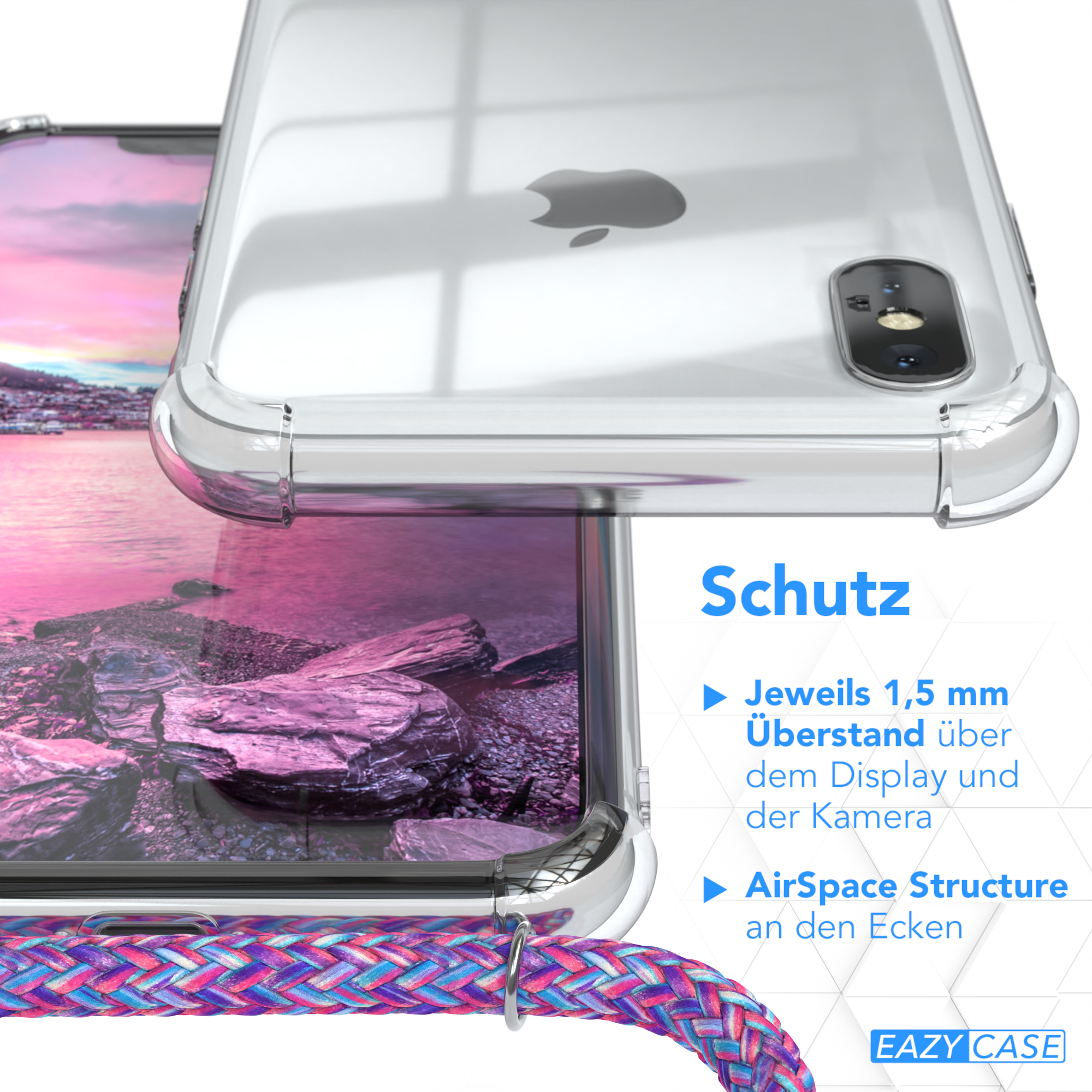 Nahaufnahme einer Handyhülle mit Telefon. Text lautet: '1,5 mm Überstand über Display und Kamera'.