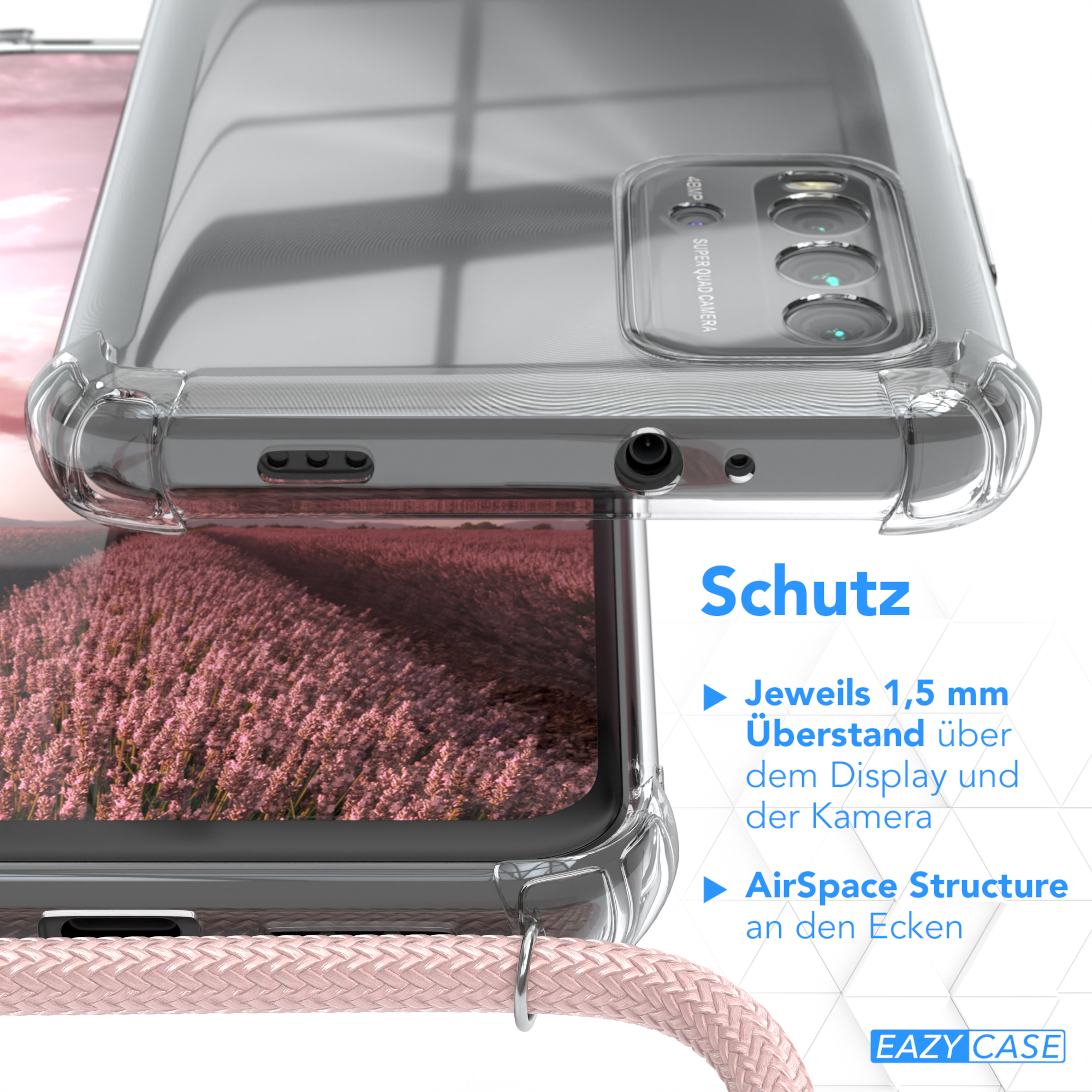 EAZY CASE Clear Cover mit Umhängetasche, Redmi Silber Xiaomi, / Clips Umhängeband, 9T, Rosé