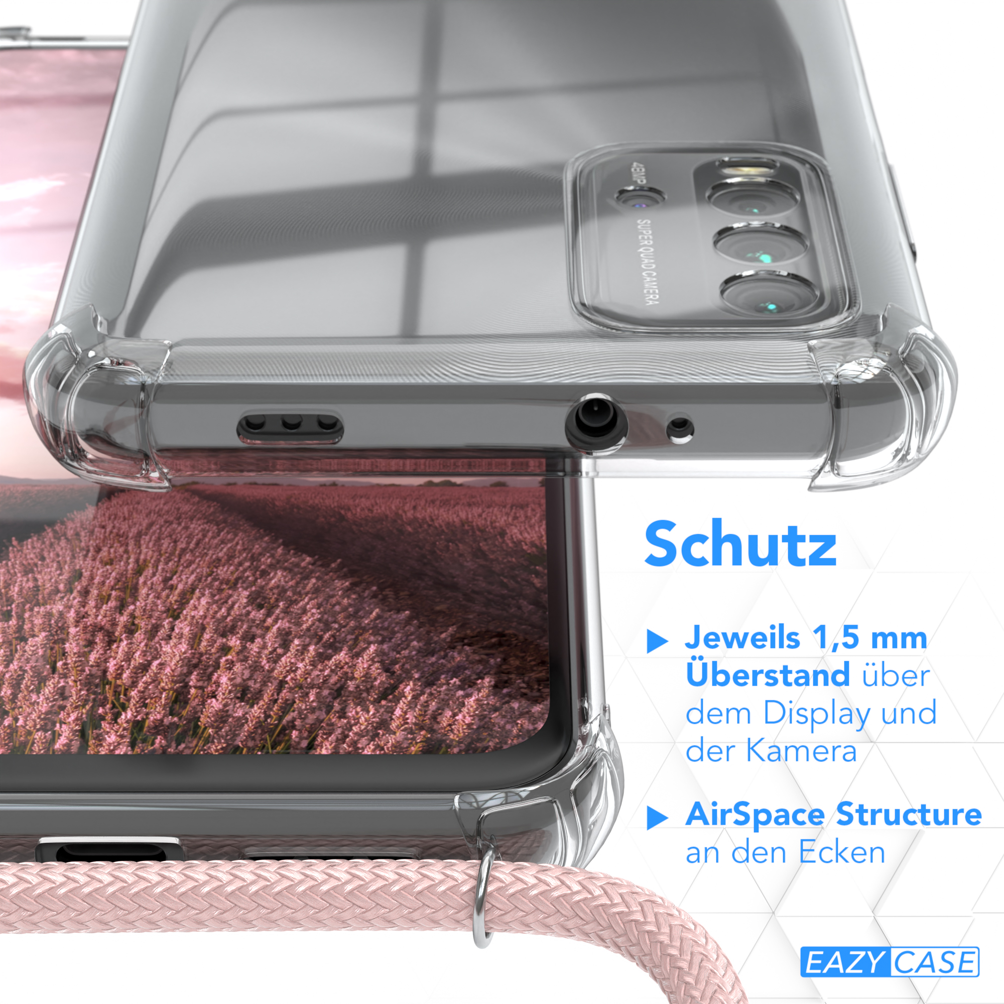 Nahaufnahme einer transparenten Handyhülle. Schutzdetails mit Text-Overlay: 1,5 mm Display- und Kameraschutz.