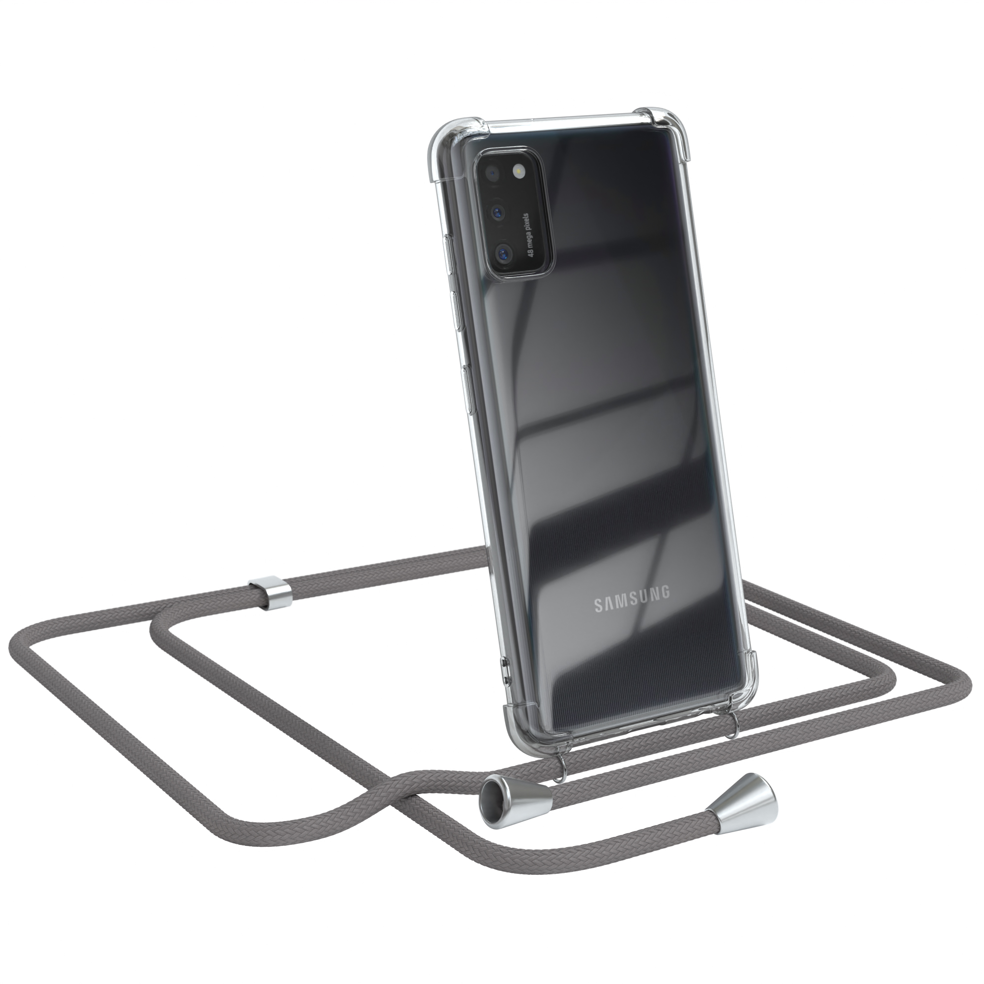Graues Telefon in klarer Hülle mit grauem Umhängeband. Weißer Hintergrund.