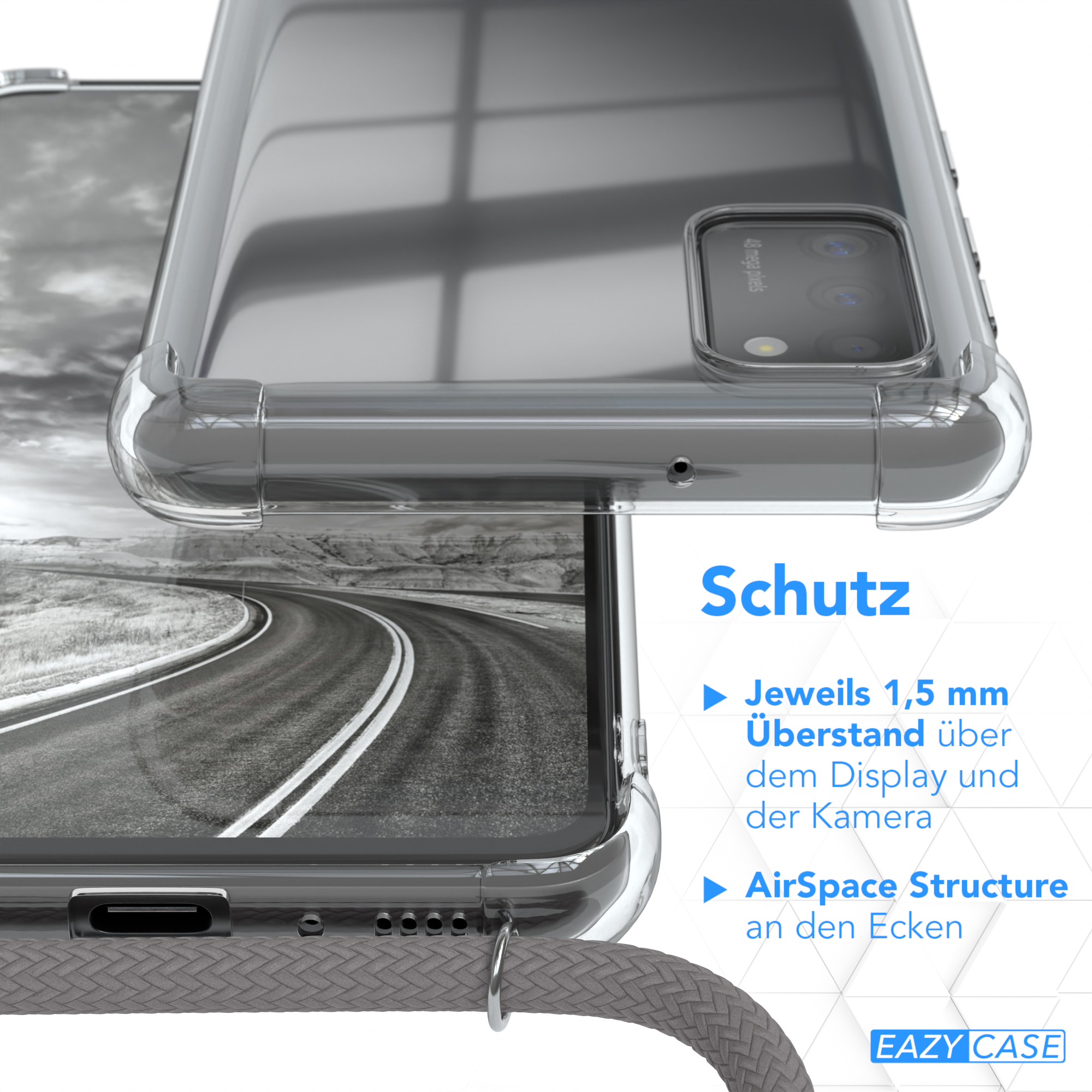 Klare Handyhülle mit grauem Gurt. Zeigt die Schutzfunktionen.