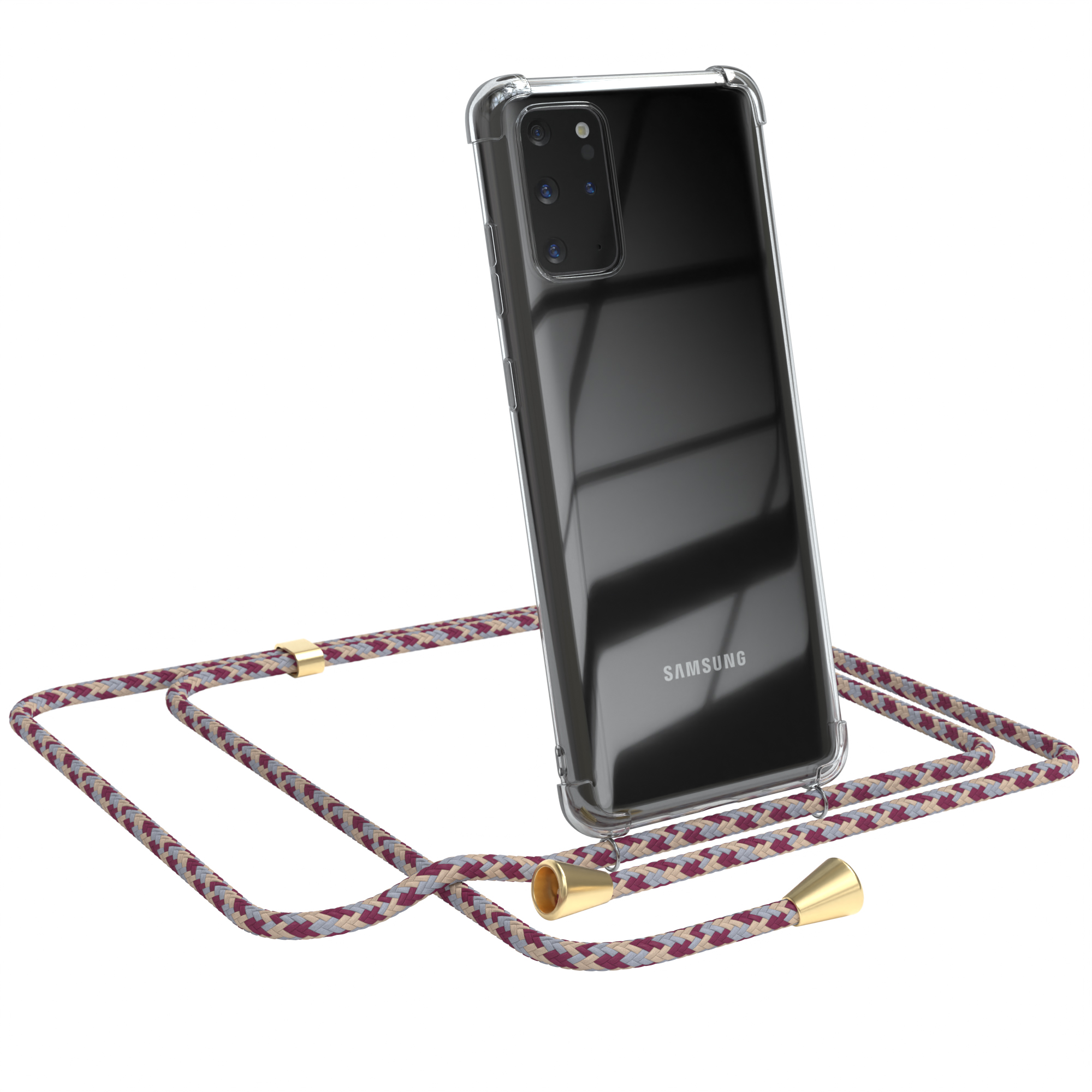 Telefon in klarer Hülle mit weinrot/lila Kabel.