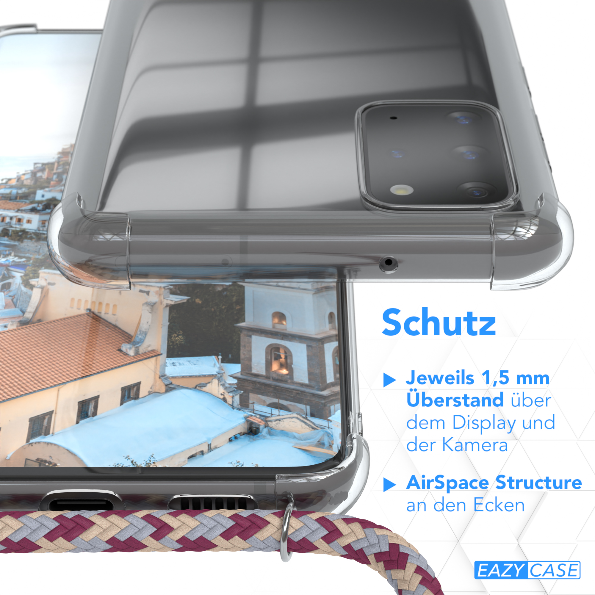 Nahaufnahme einer Handyhülle. Text sagt 'Schutz'. Zeigt Struktur und Eigenschaften der Handyhülle.