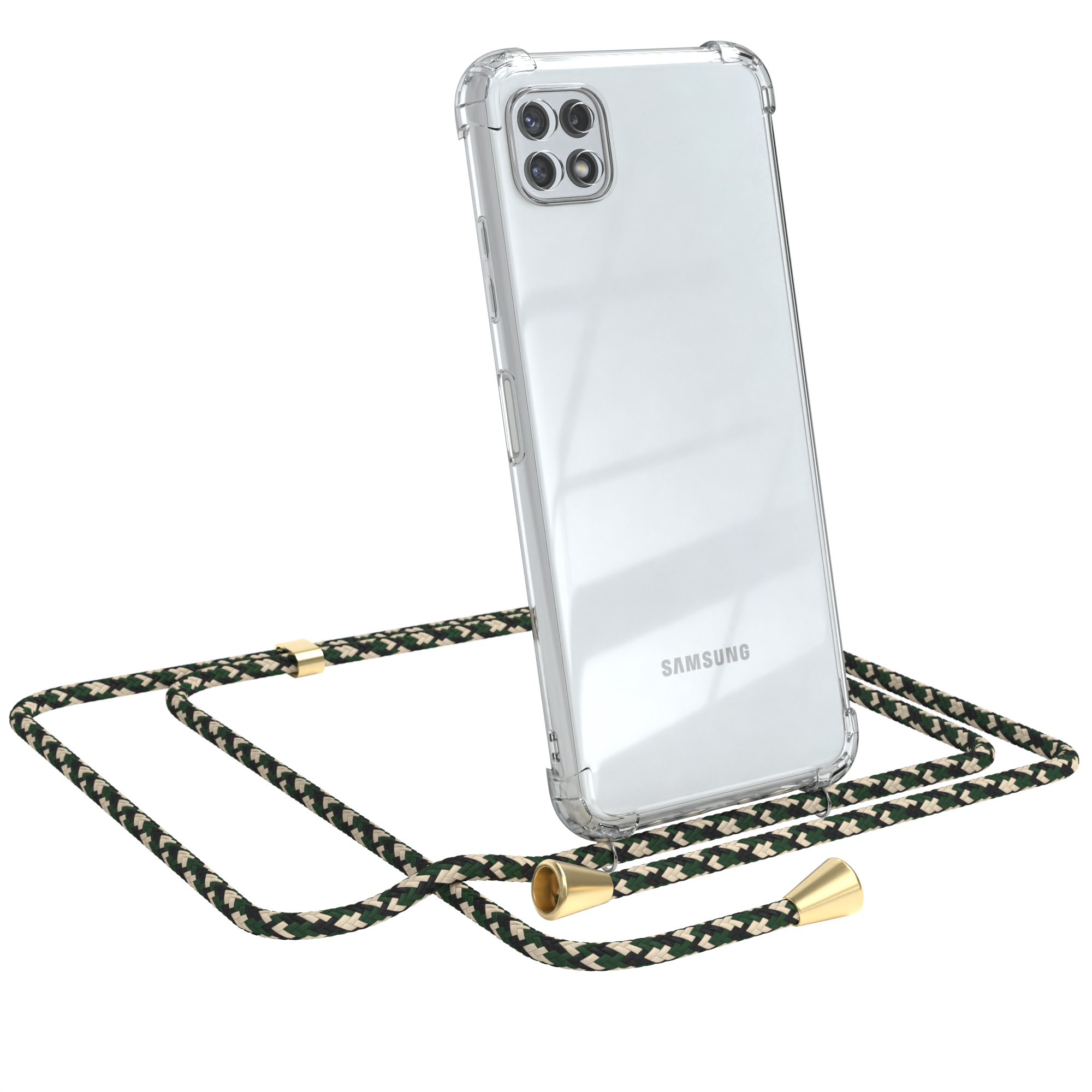 Schwarzes Telefon mit transparenter Hülle und grün-schwarzem Riemen. Telefon angewinkelt, Kamera zeigend.
