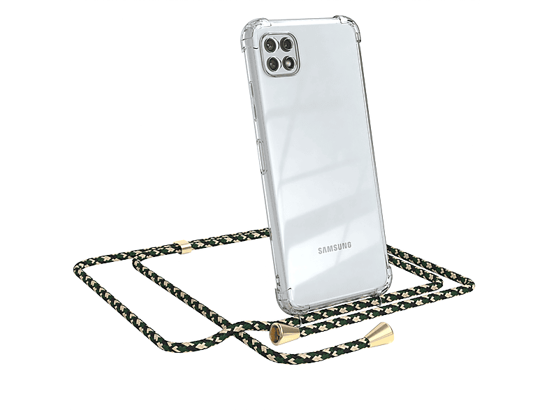 EAZY CASE Clear Cover mit Grün / Umhängetasche, Galaxy 5G, Samsung, Gold Umhängeband, A22 Camouflage Clips