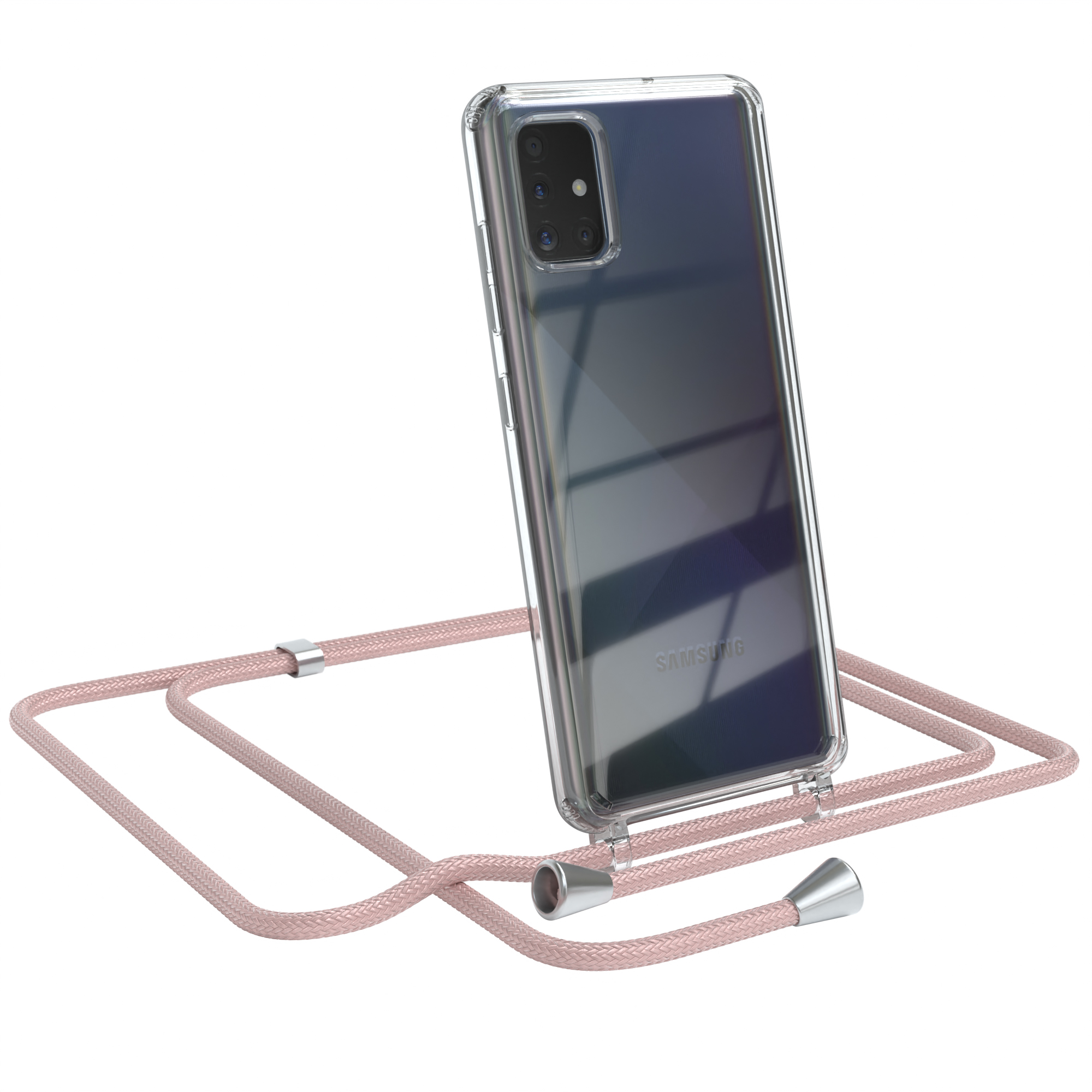 Ein Samsung-Telefon in einer transparenten Hülle mit einem rosa Seil. Das Telefon ist abgewinkelt und dem Betrachter zugewandt.