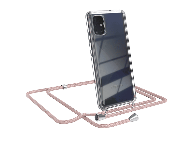 EAZY CASE Clear Cover mit Umhängeband, Umhängetasche, Samsung, Galaxy A51, Rosé / Clips Silber